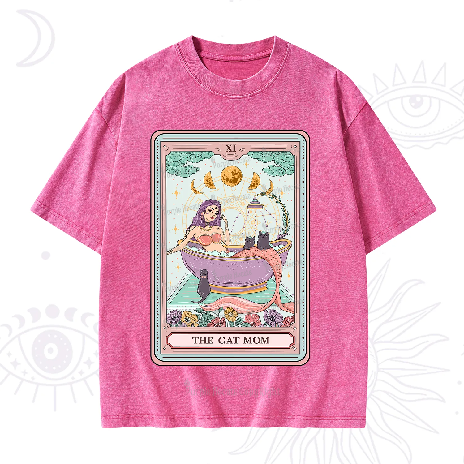Purplehecate The Cat Mermaid Mom Tarot Card Washed T-Shirt