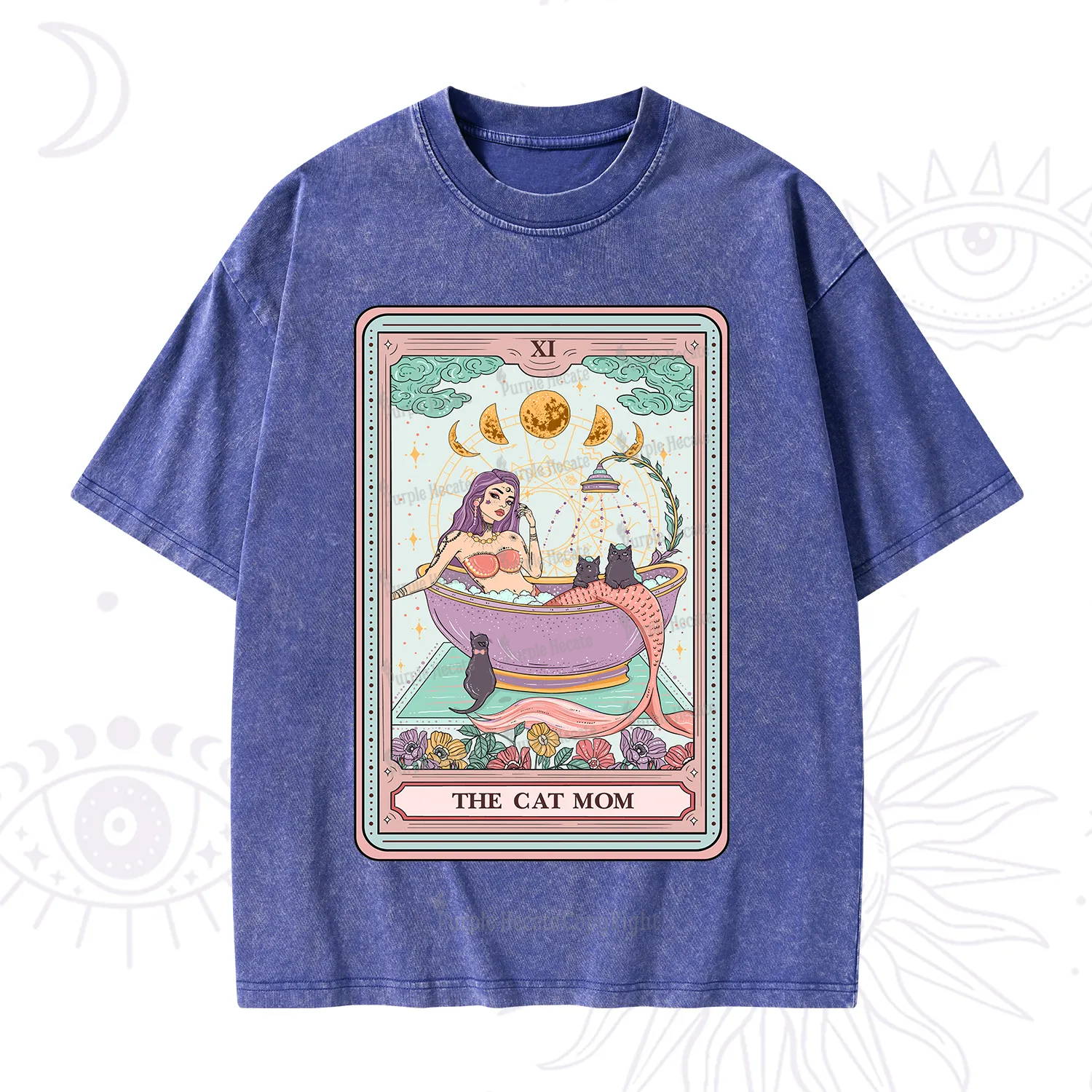 Purplehecate The Cat Mermaid Mom Tarot Card Washed T-Shirt