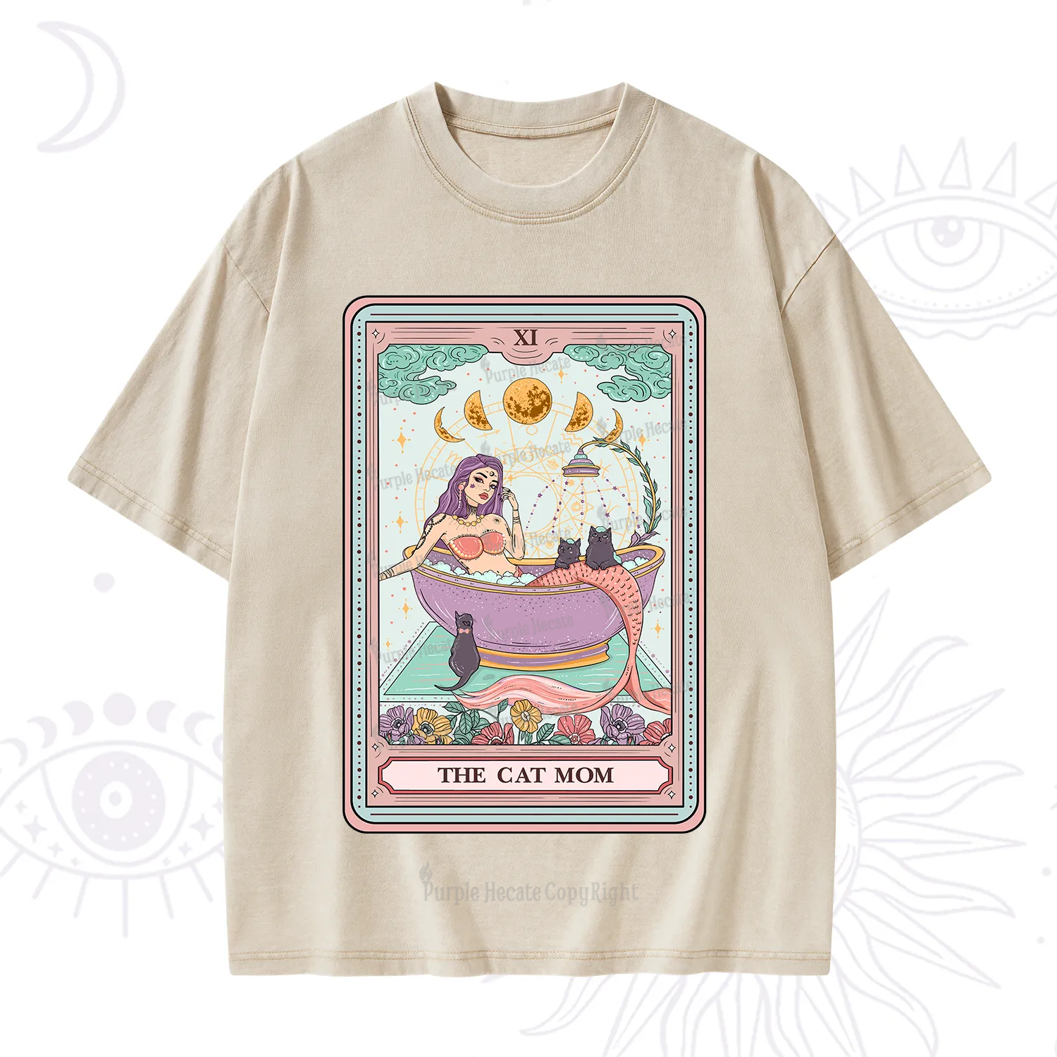 Purplehecate The Cat Mermaid Mom Tarot Card Washed T-Shirt