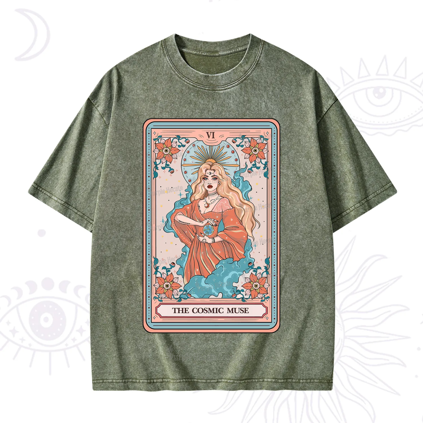 Purplehecate The Cosmic Muse Tarot Card Washed T-Shirt