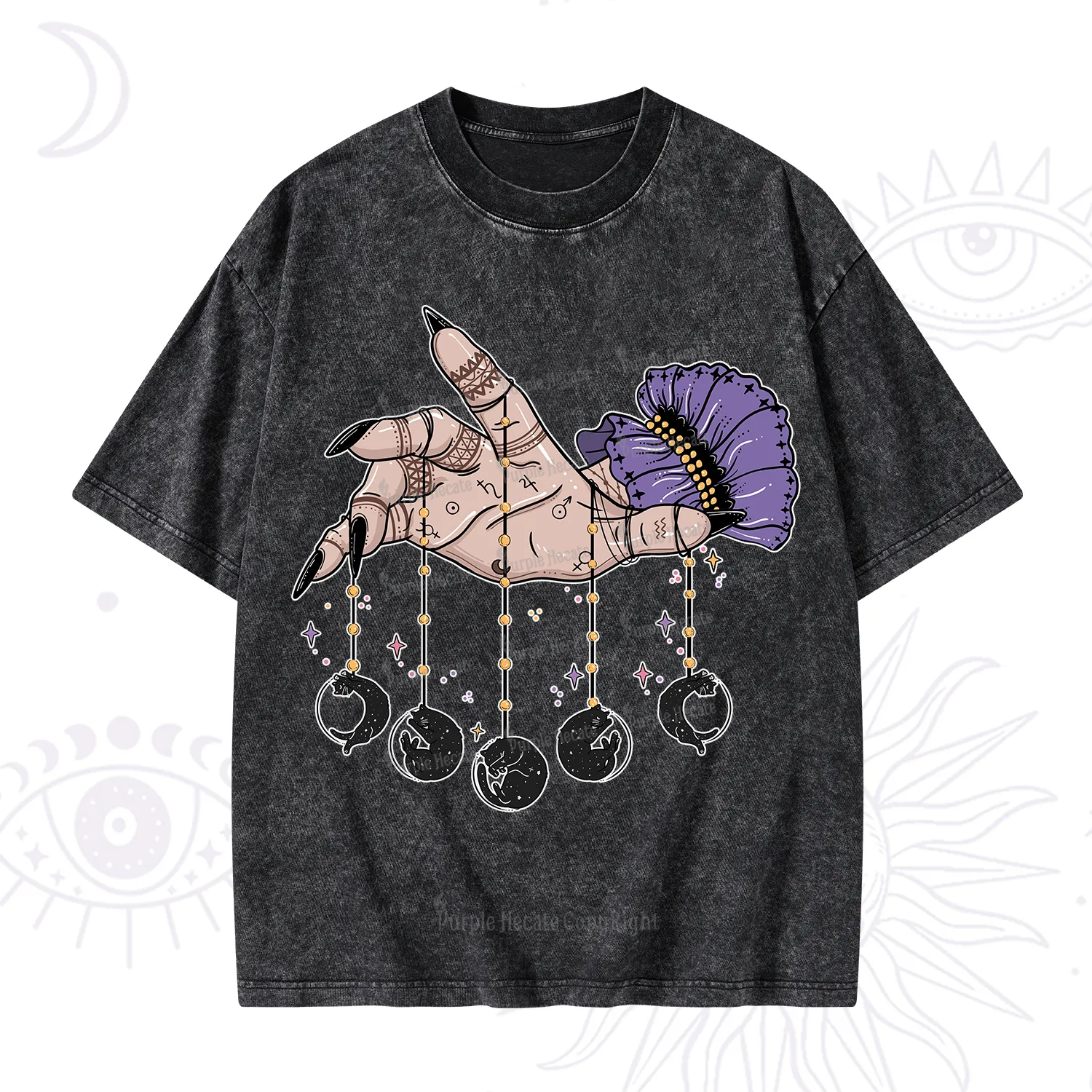 Purplehecate Feline Lunar Phases Washed T-Shirt