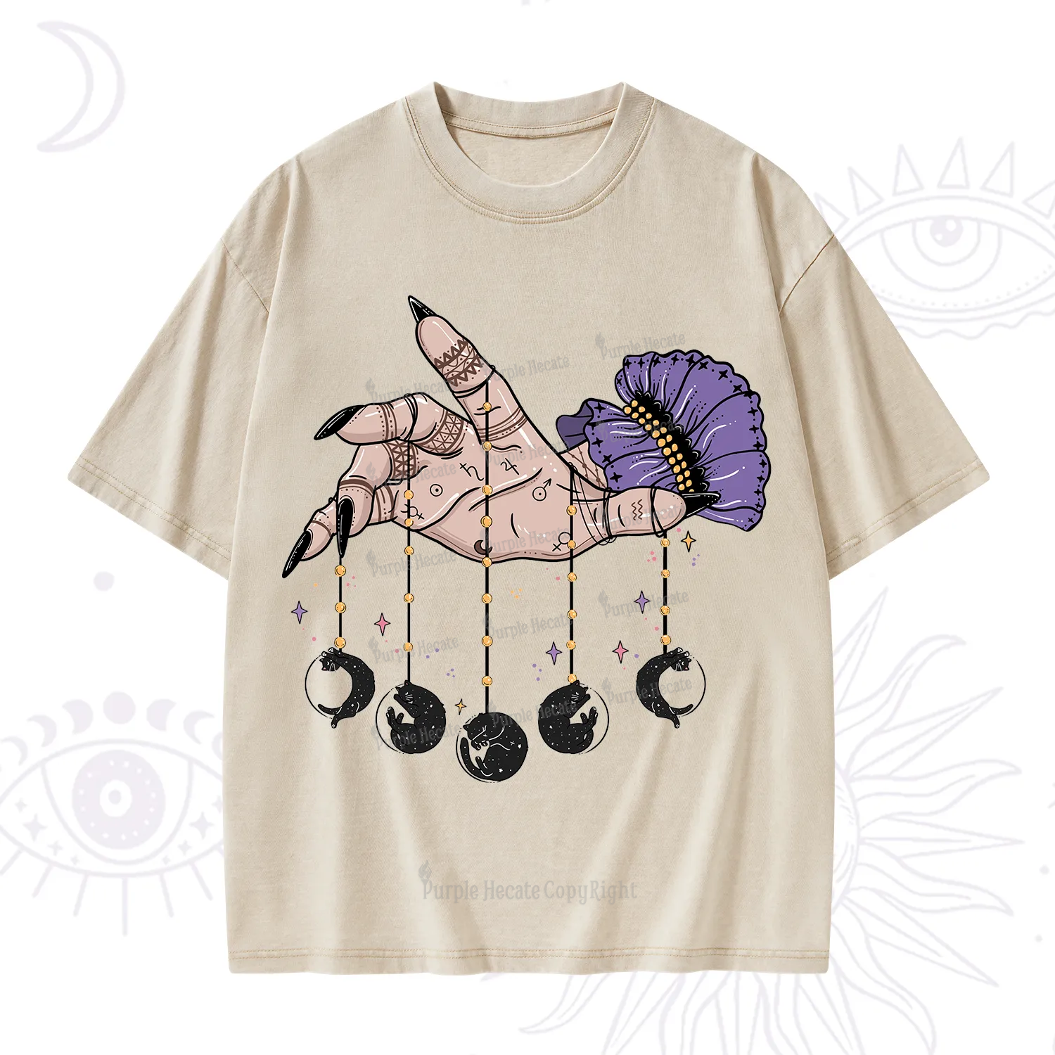 Purplehecate Feline Lunar Phases Washed T-Shirt