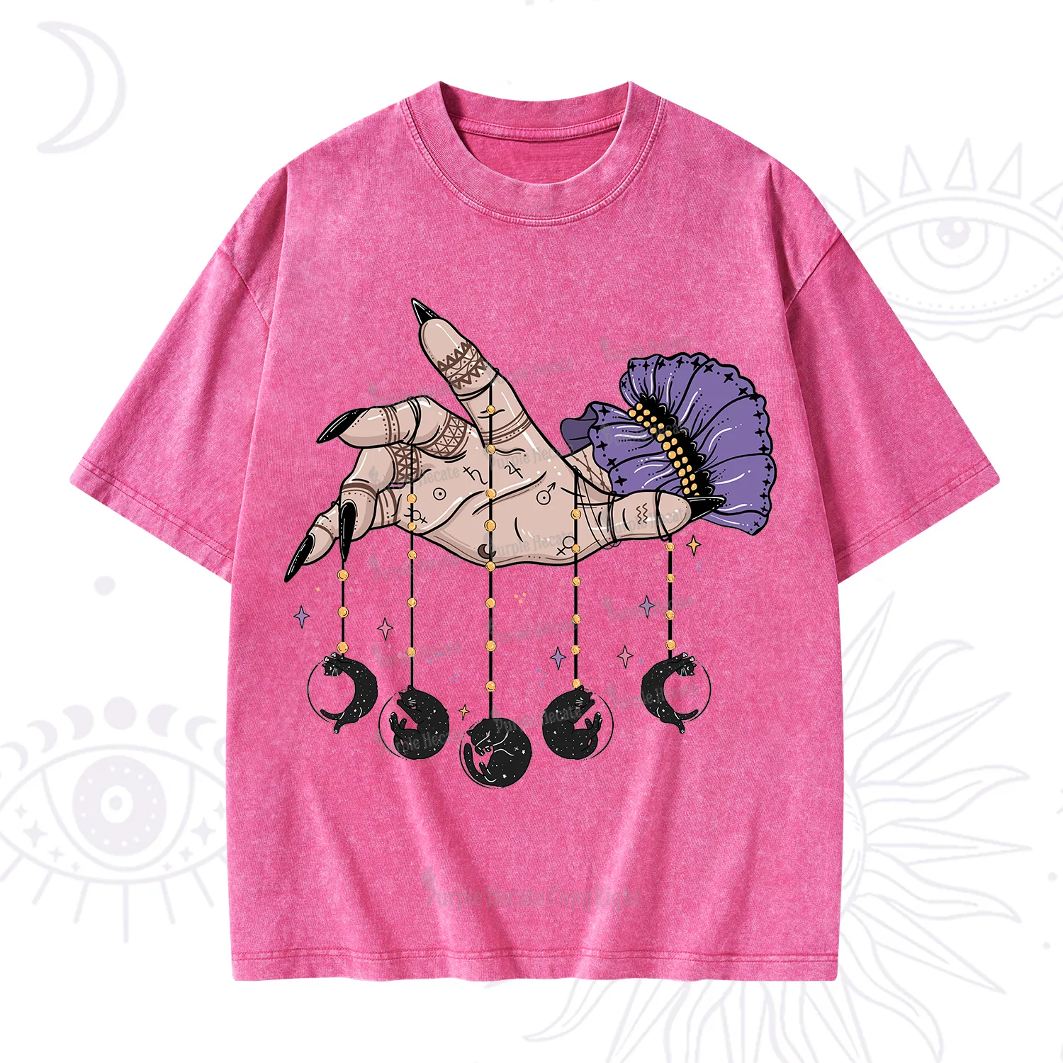 Purplehecate Feline Lunar Phases Washed T-Shirt
