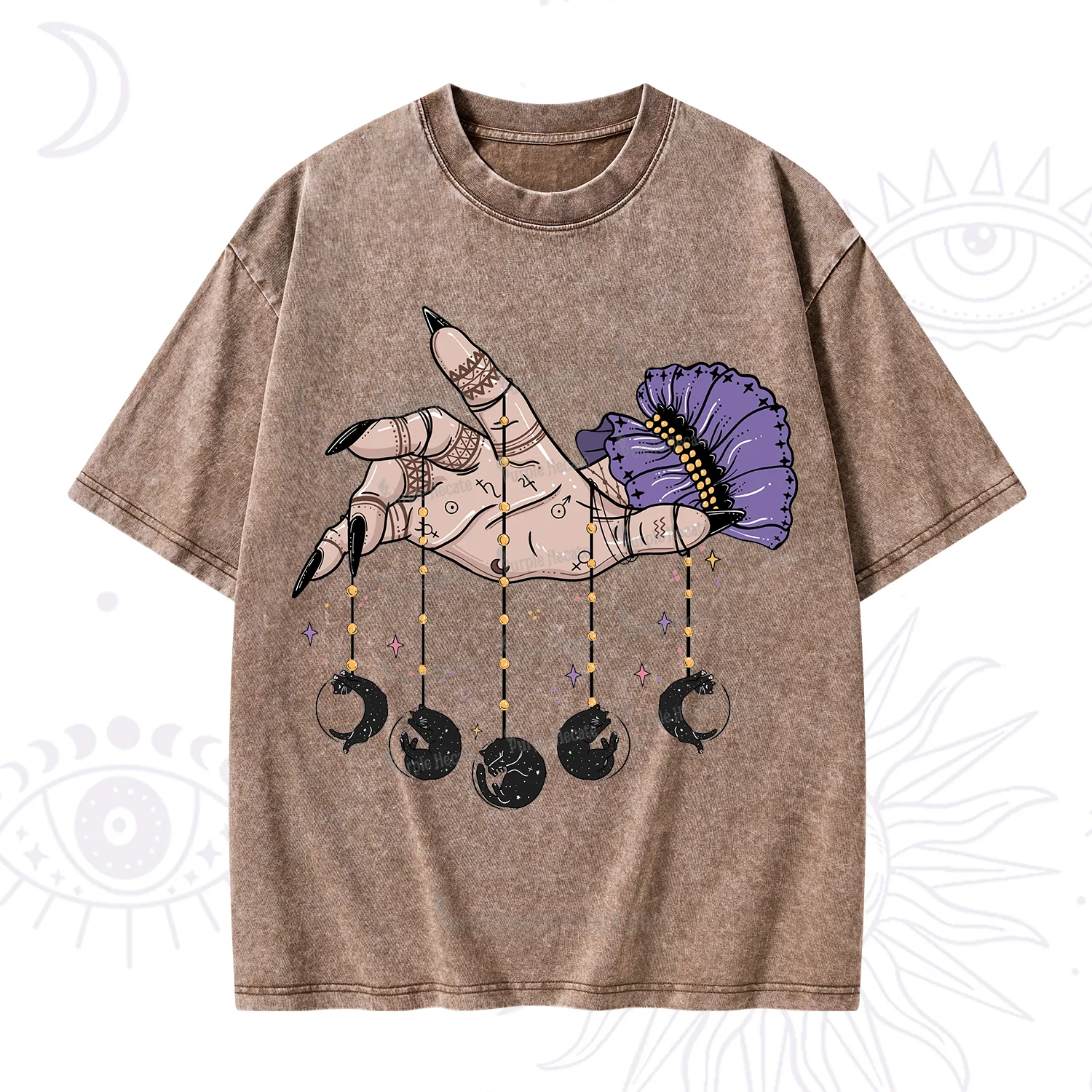 Purplehecate Feline Lunar Phases Washed T-Shirt