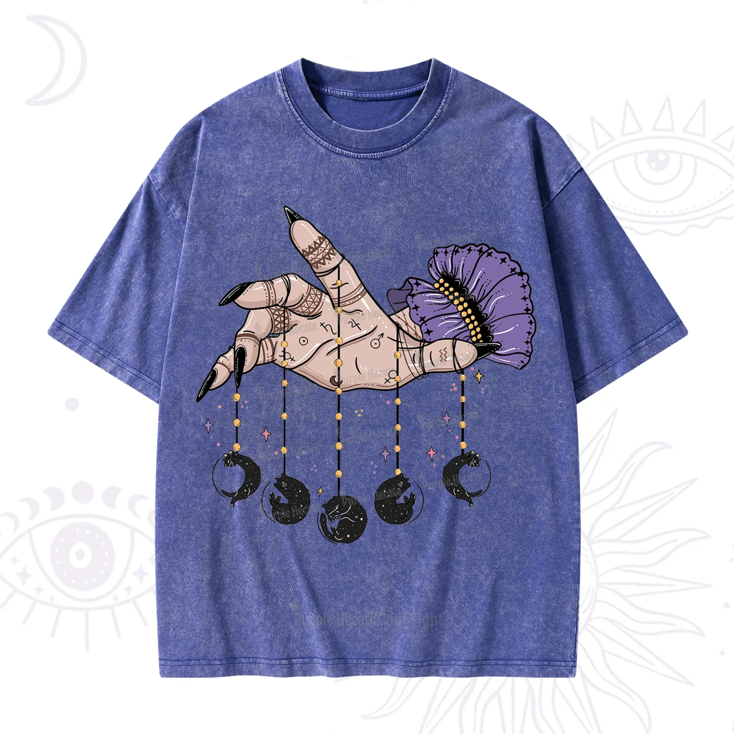 Purplehecate Feline Lunar Phases Washed T-Shirt