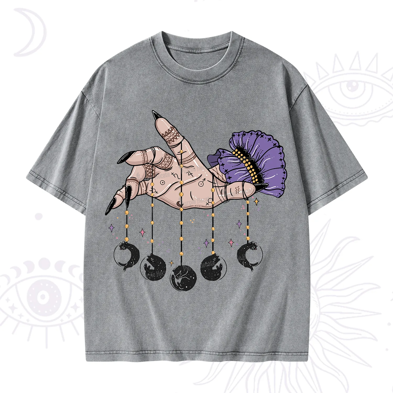 Purplehecate Feline Lunar Phases Washed T-Shirt
