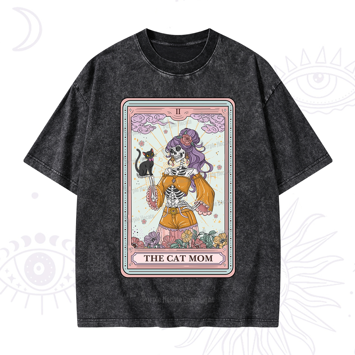 Purplehecate The Skeleton Cat Mom Tarot Card Washed T-Shirt