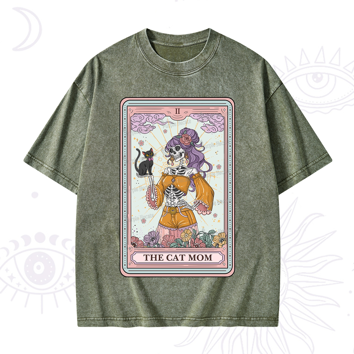 Purplehecate The Skeleton Cat Mom Tarot Card Washed T-Shirt