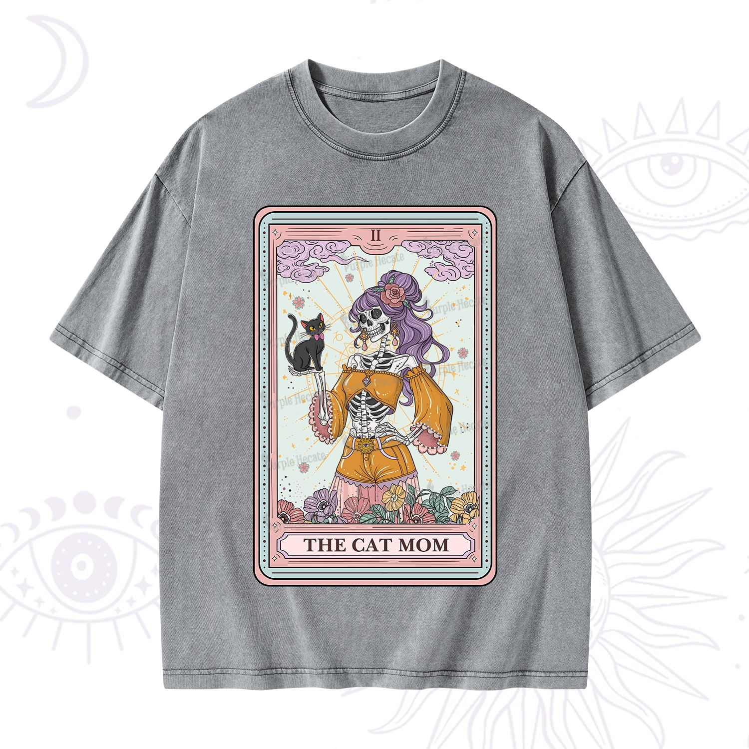 Purplehecate The Skeleton Cat Mom Tarot Card Washed T-Shirt