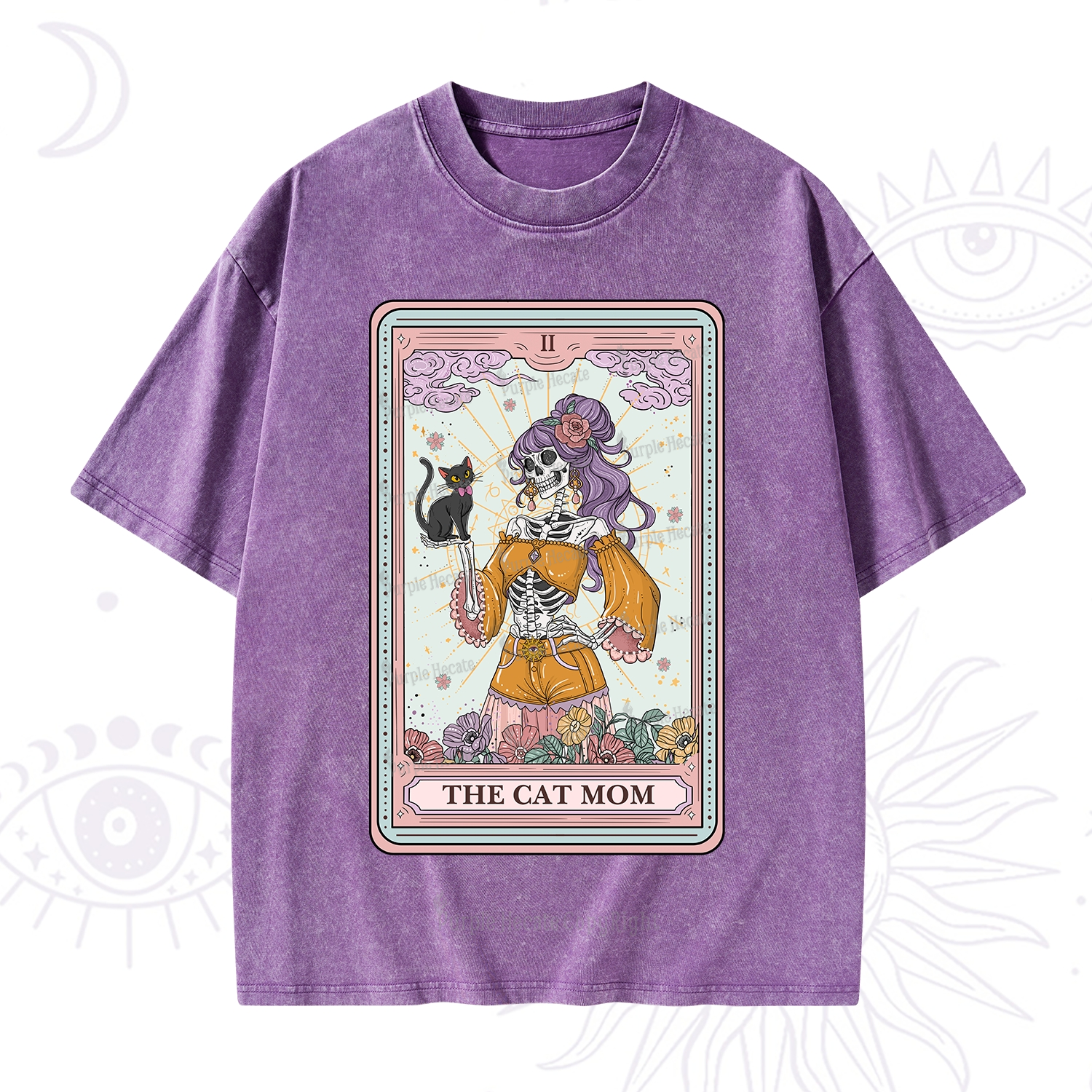 Purplehecate The Skeleton Cat Mom Tarot Card Washed T-Shirt