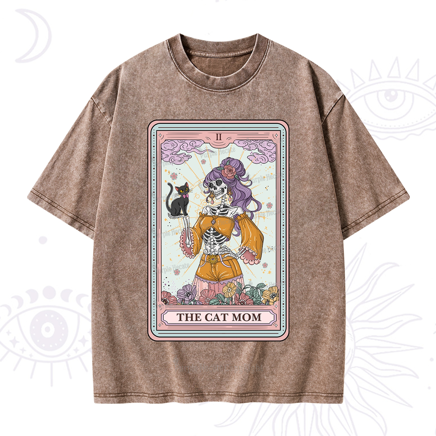 Purplehecate The Skeleton Cat Mom Tarot Card Washed T-Shirt