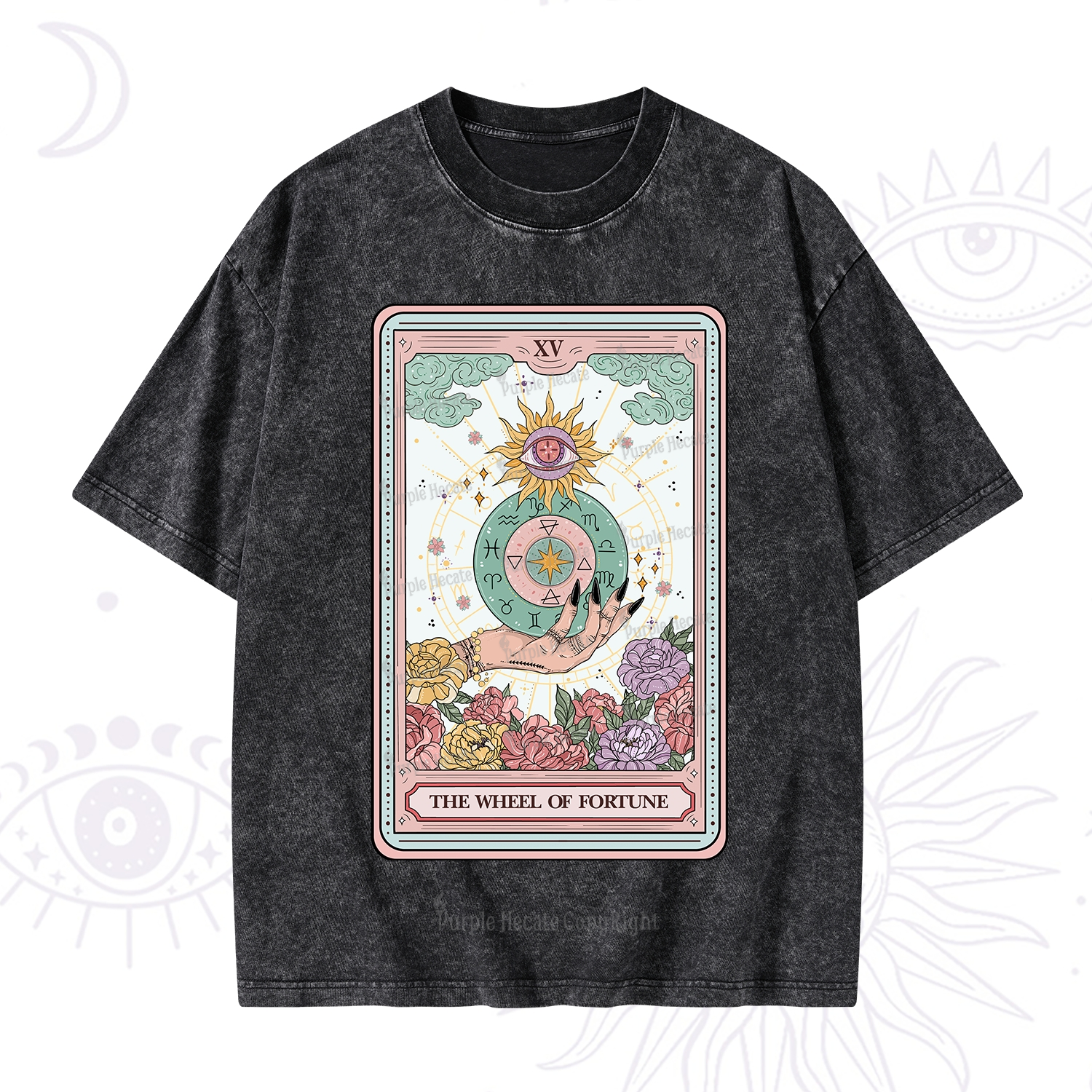 Purplehecate The Wheel of Fortune Tarot Card Washed T-Shirt