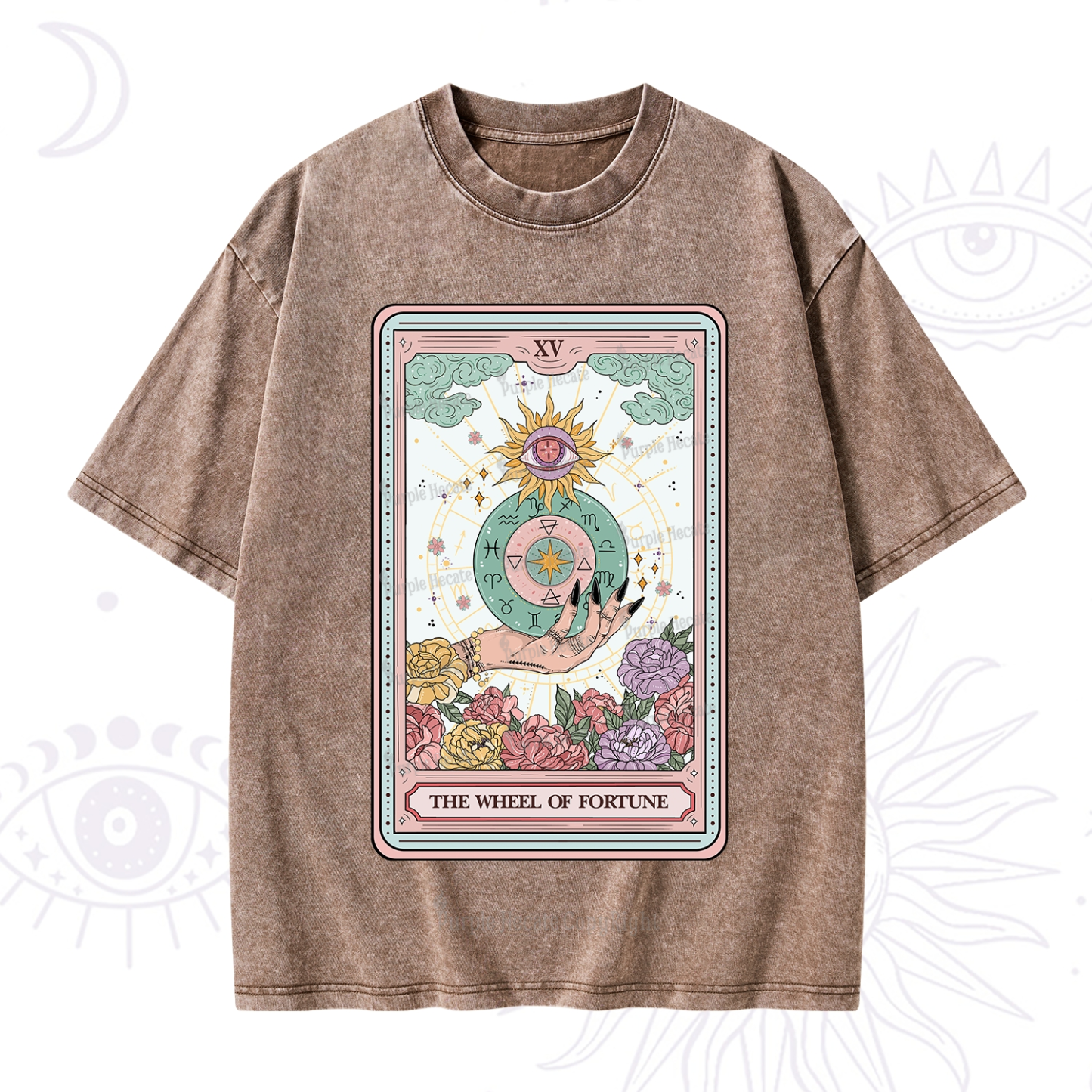 Purplehecate The Wheel of Fortune Tarot Card Washed T-Shirt
