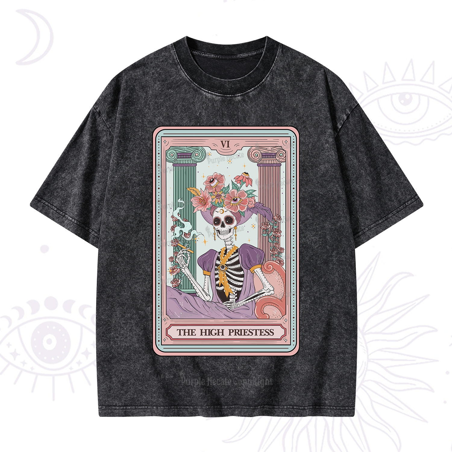 Purplehecate The High Priestess Skeleton Tarot Washed T-Shirt