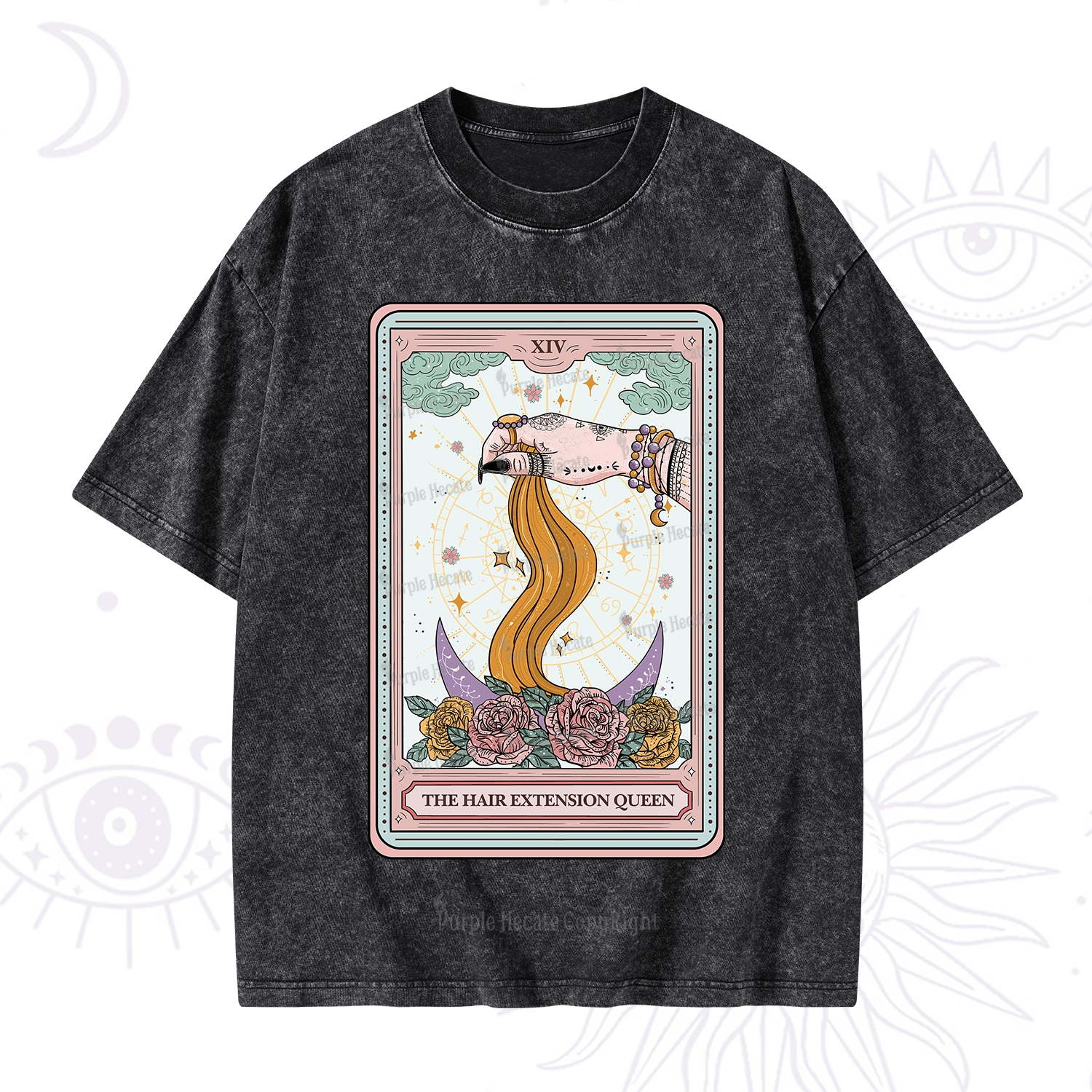 Purplehecate The Hair Extension Queen Tarot Card Washed T-Shirt