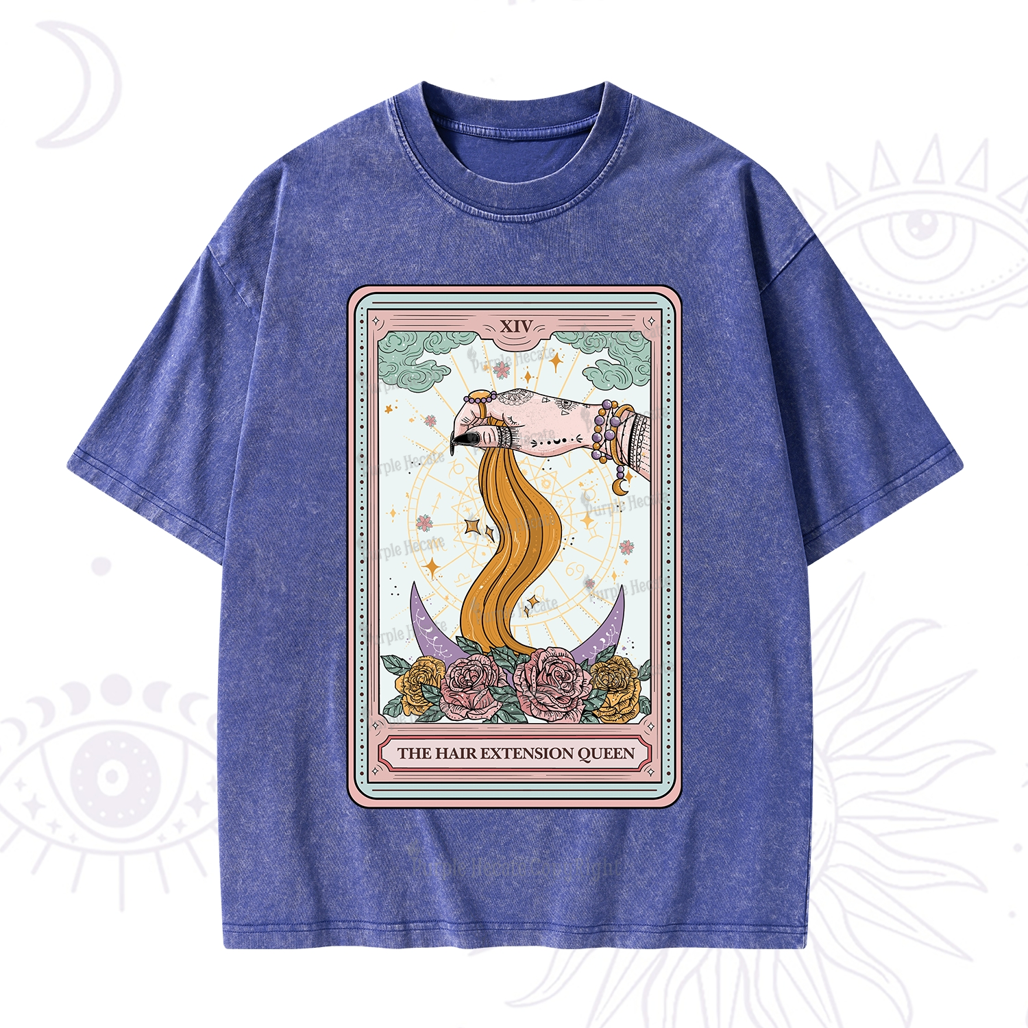 Purplehecate The Hair Extension Queen Tarot Card Washed T-Shirt