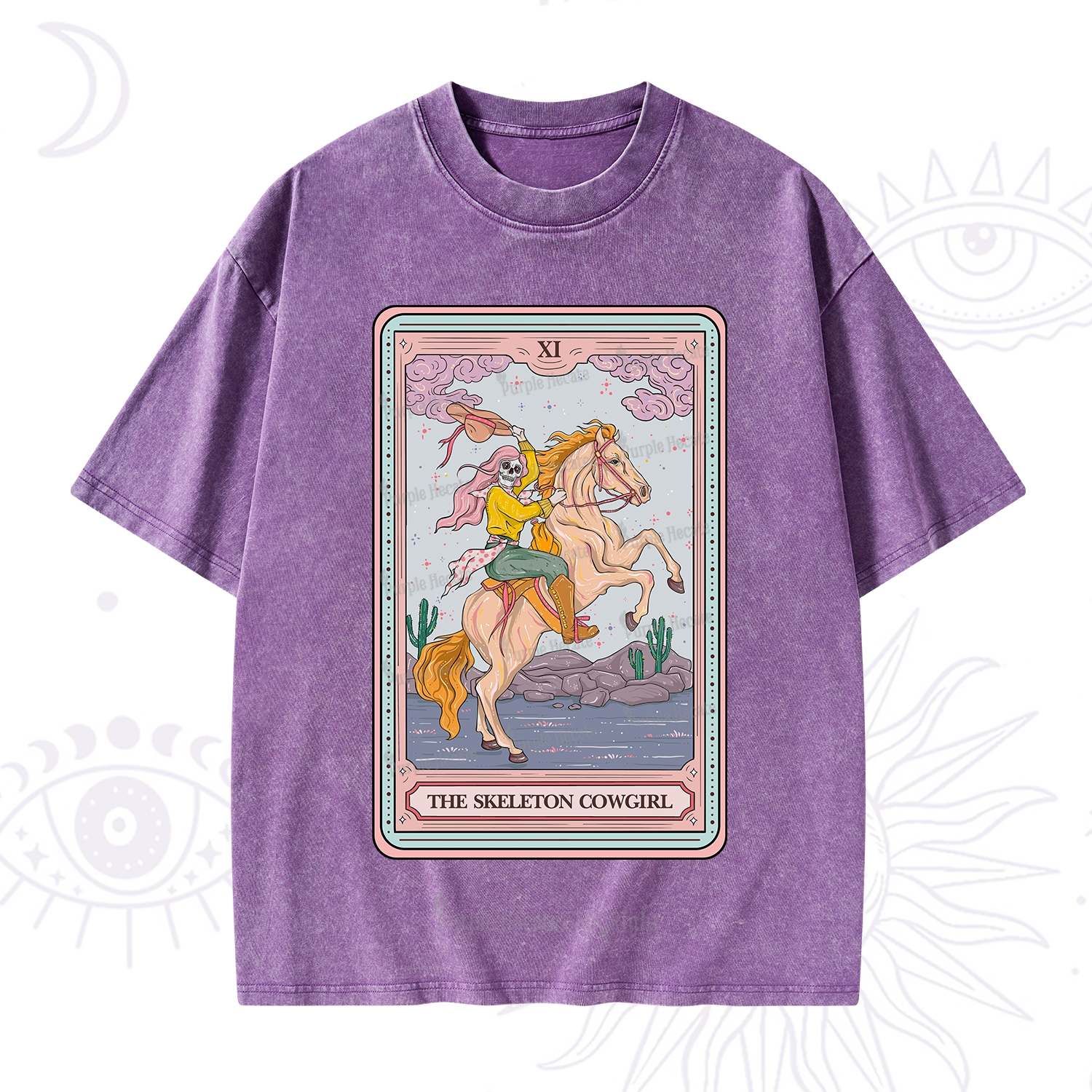 Purplehecate The Skeleton Cowgirl Tarot Card Washed T-Shirt