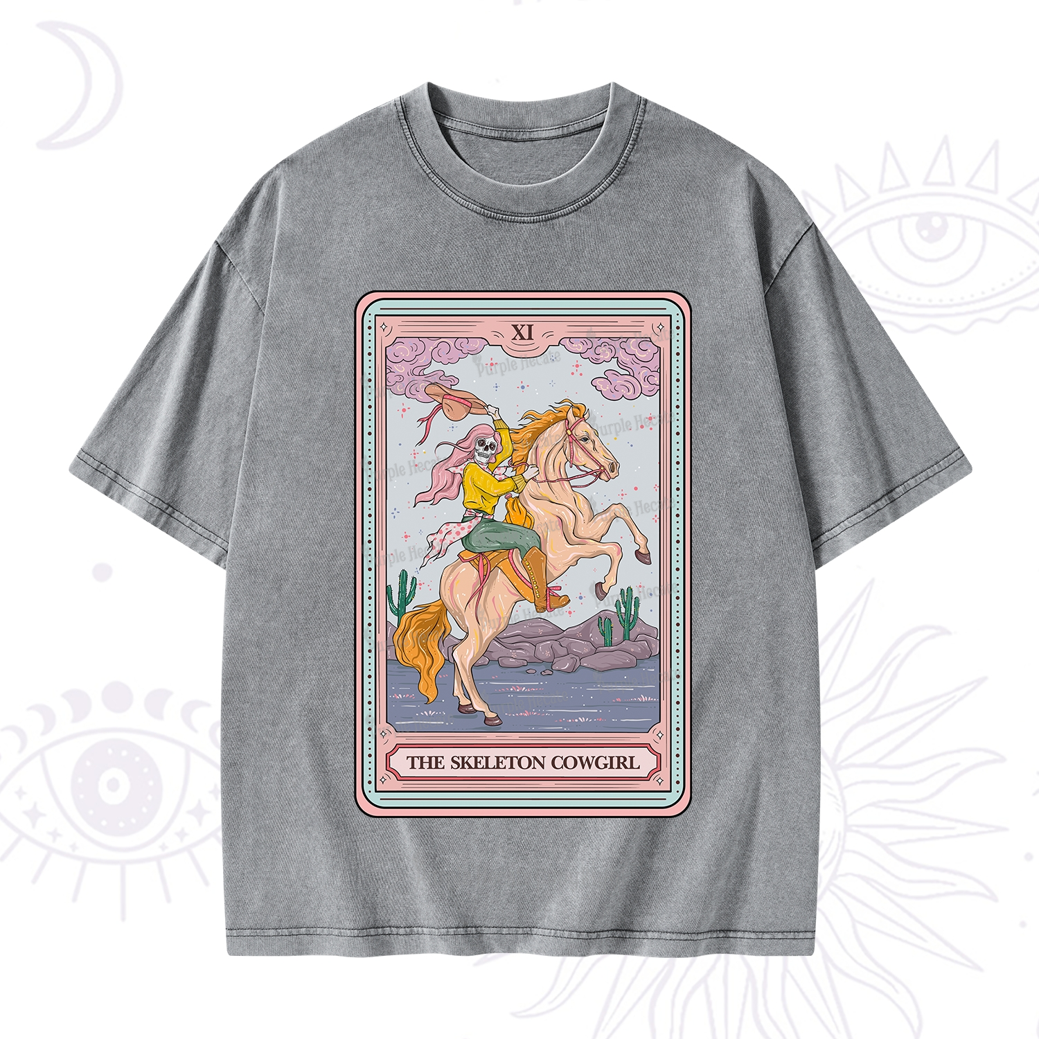 Purplehecate The Skeleton Cowgirl Tarot Card Washed T-Shirt