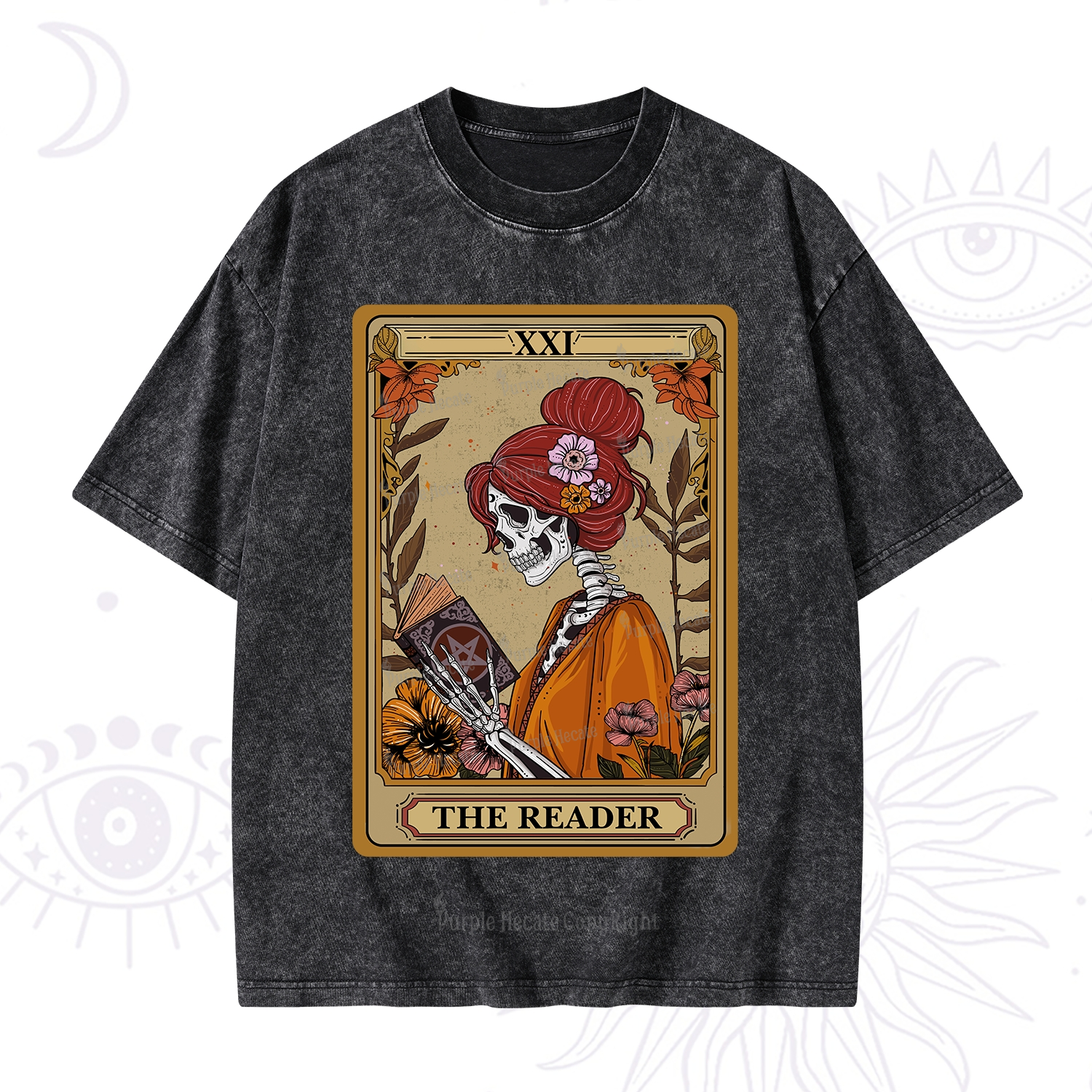 Purplehecate The Reader Tarot Card Skeleton Washed T-Shirt