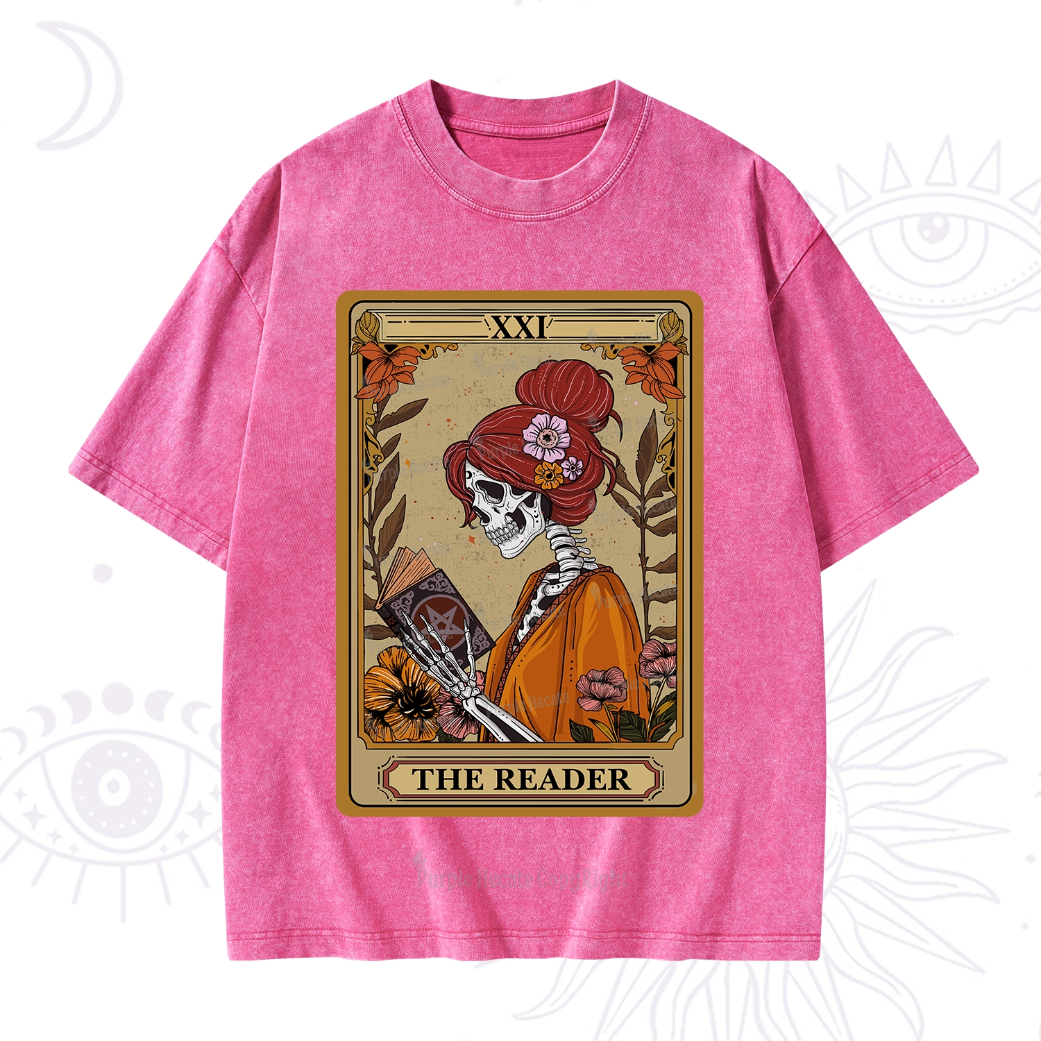 Purplehecate The Reader Tarot Card Skeleton Washed T-Shirt