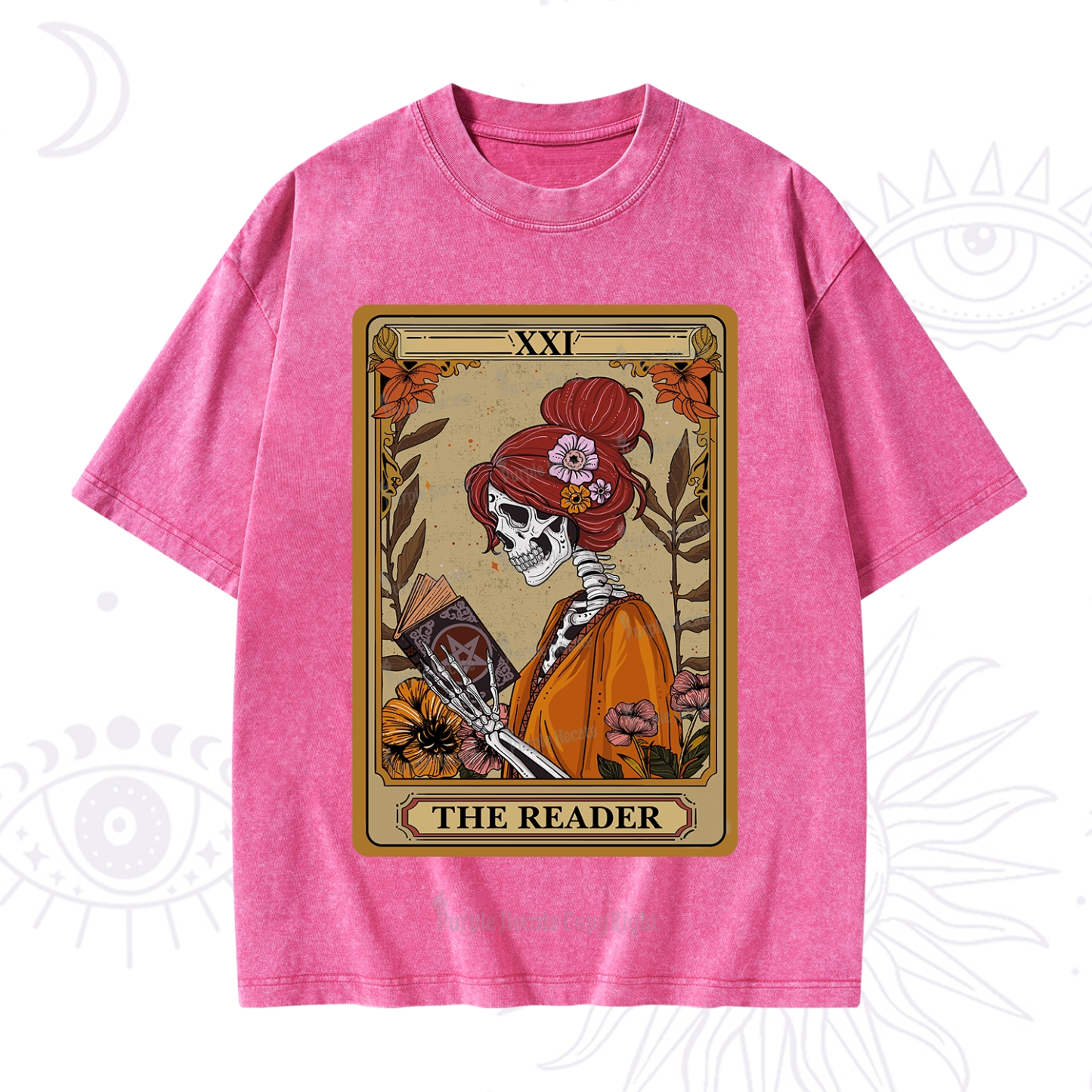 Purplehecate The Reader Tarot Card Skeleton Washed T-Shirt