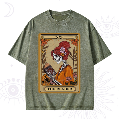 Purplehecate The Reader Tarot Card Skeleton Washed T-Shirt