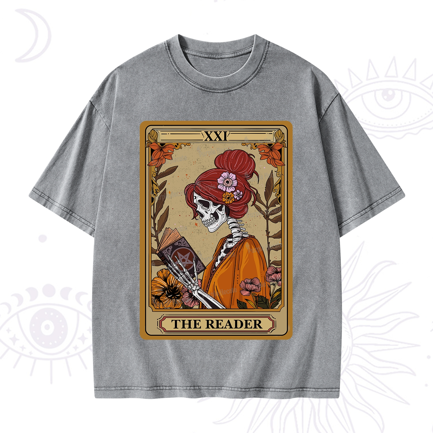 Purplehecate The Reader Tarot Card Skeleton Washed T-Shirt