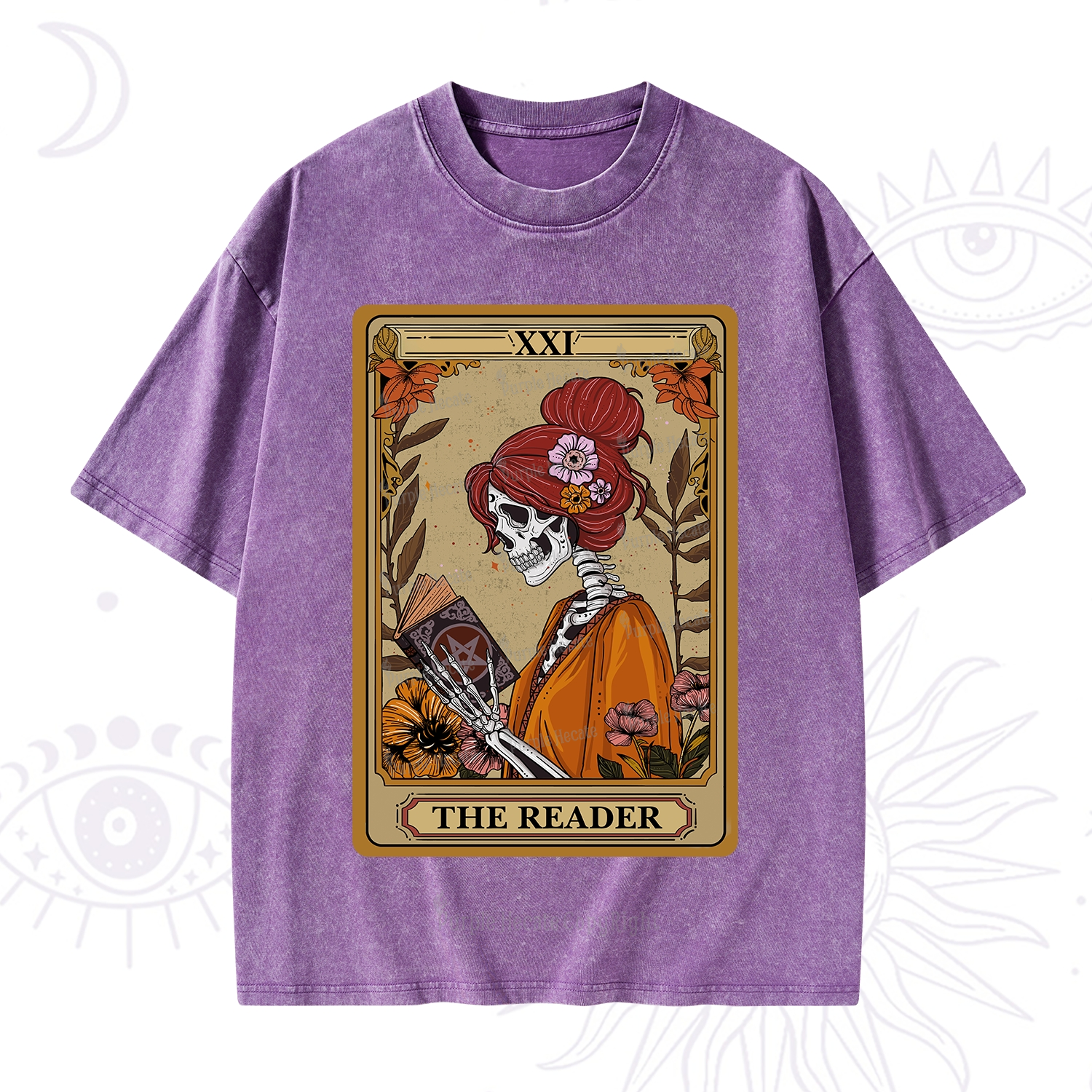 Purplehecate The Reader Tarot Card Skeleton Washed T-Shirt