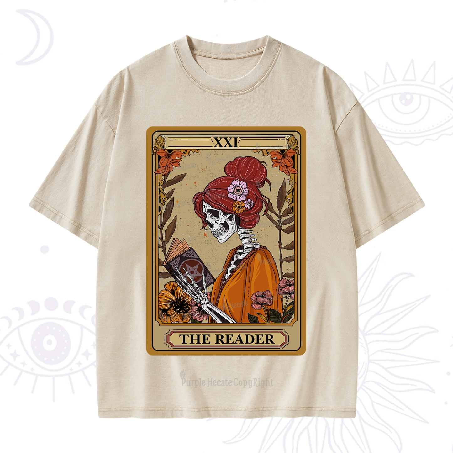 Purplehecate The Reader Tarot Card Skeleton Washed T-Shirt