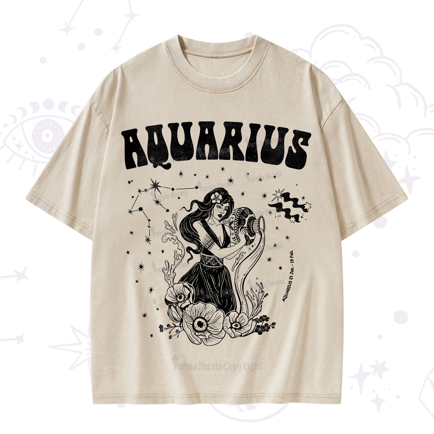 Purplehecate Aquarius Zodiac Glyphs Washed T-Shirt