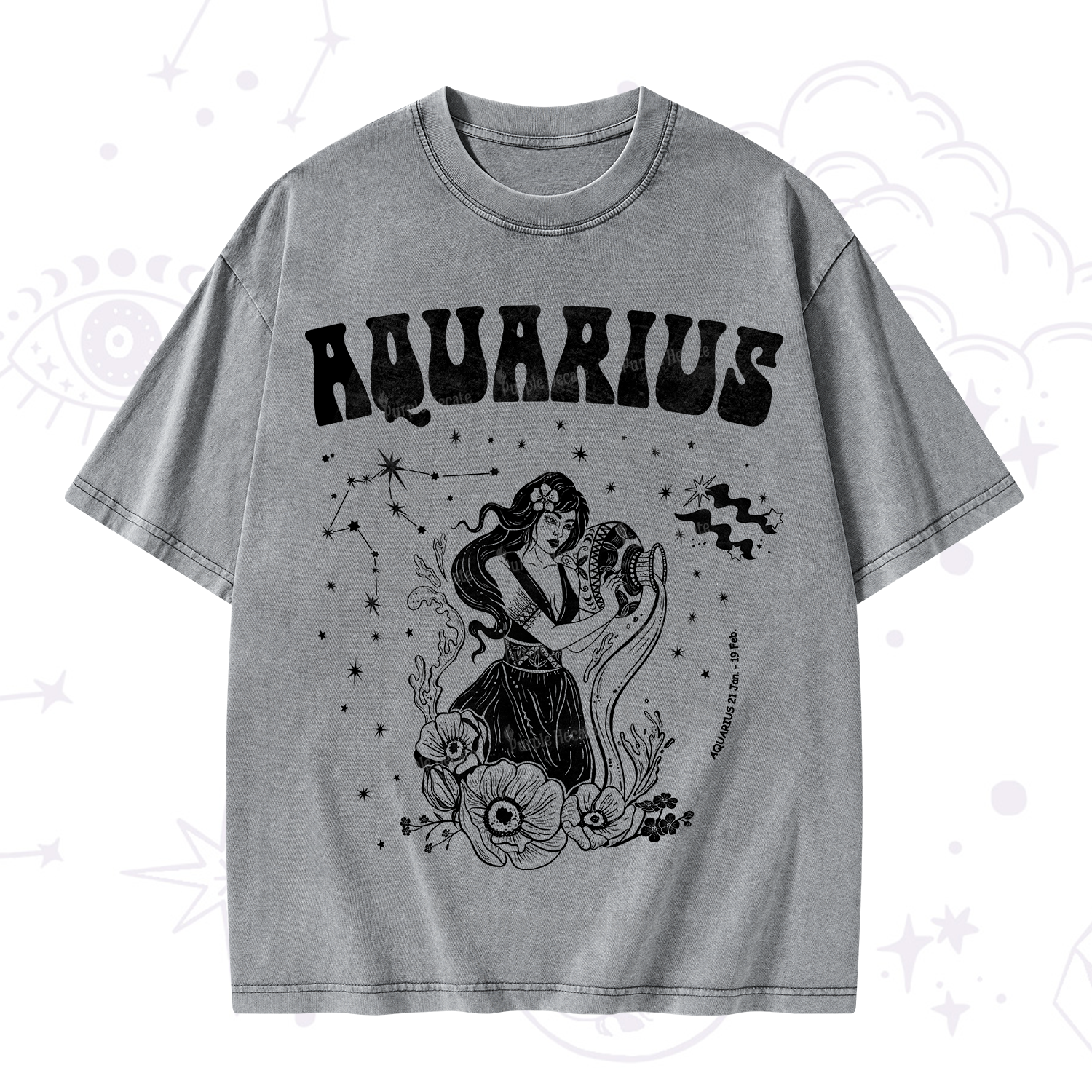 Purplehecate Aquarius Zodiac Glyphs Washed T-Shirt