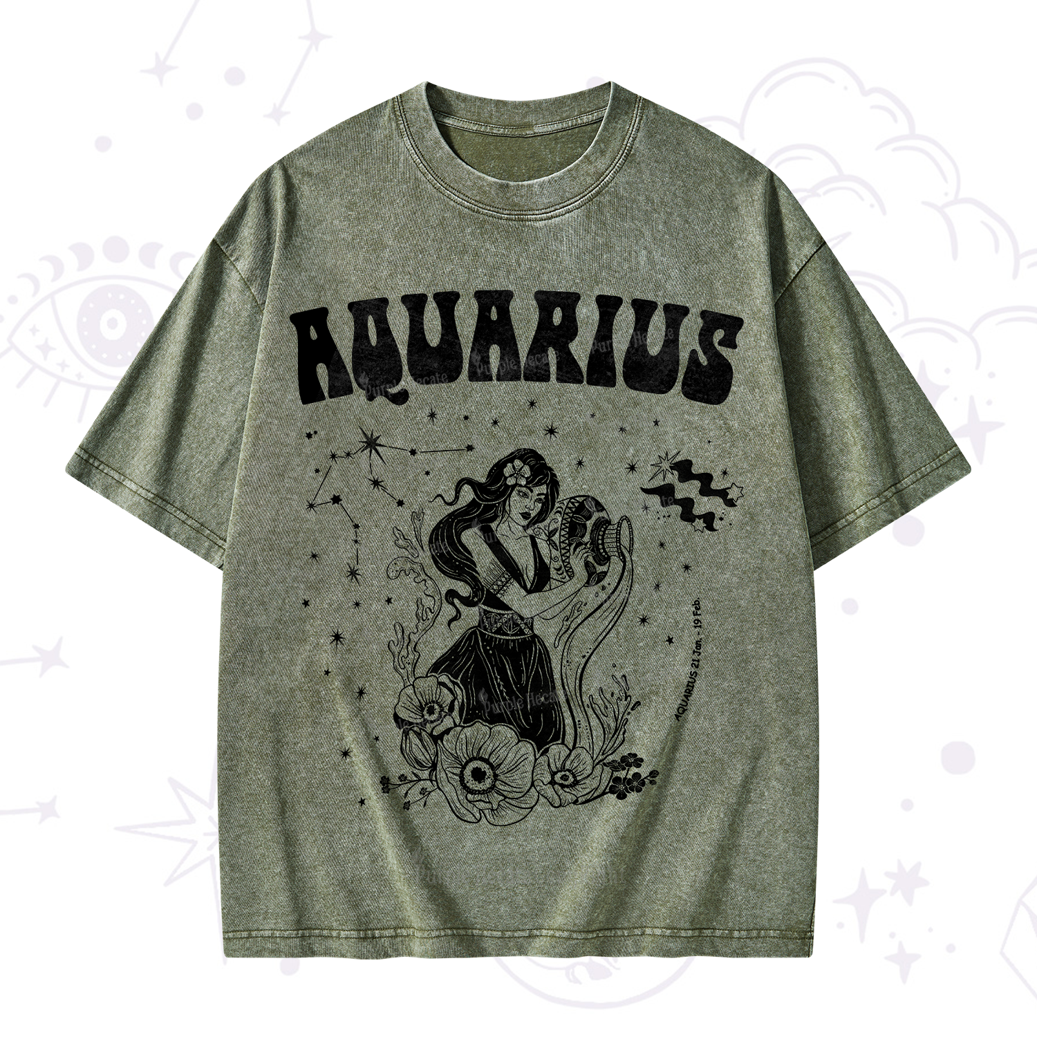 Purplehecate Aquarius Zodiac Glyphs Washed T-Shirt