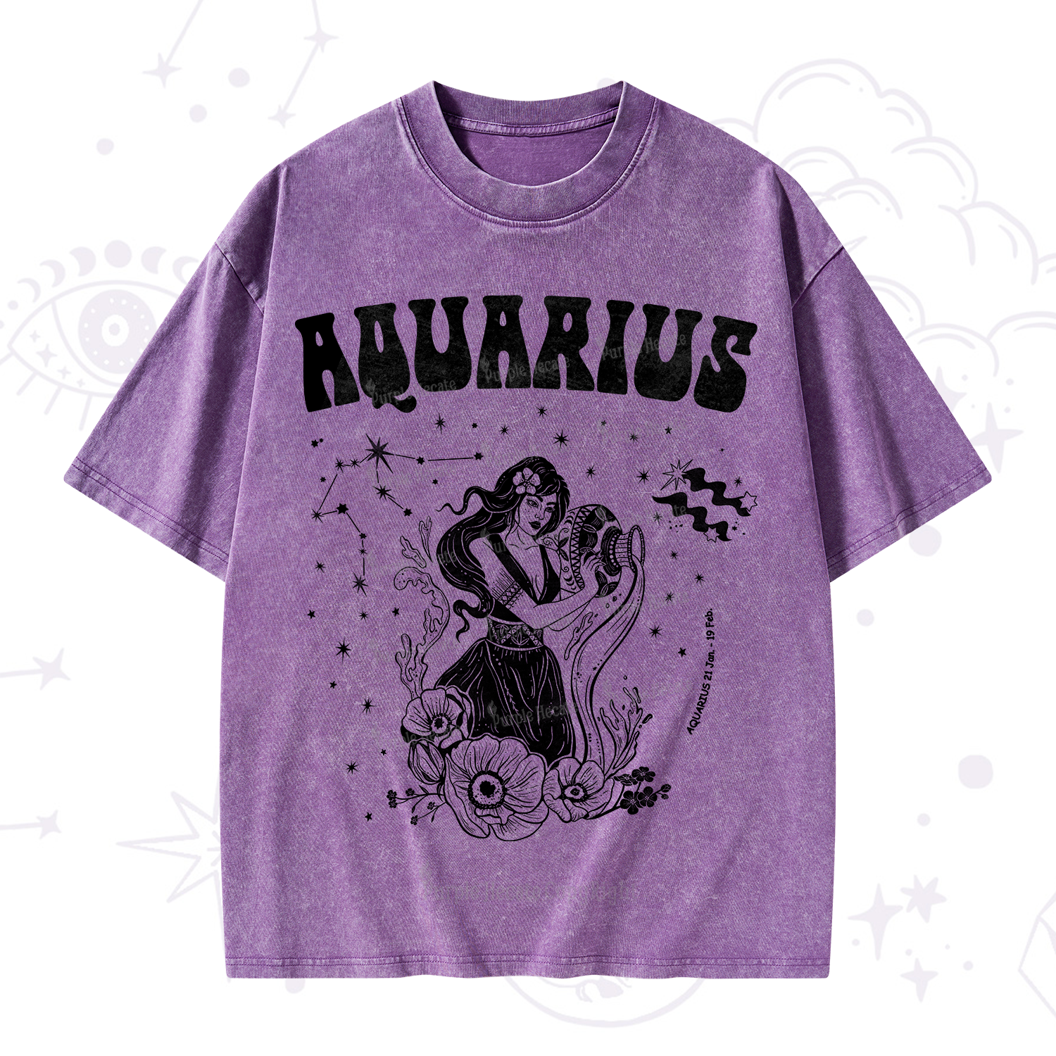 Purplehecate Aquarius Zodiac Glyphs Washed T-Shirt