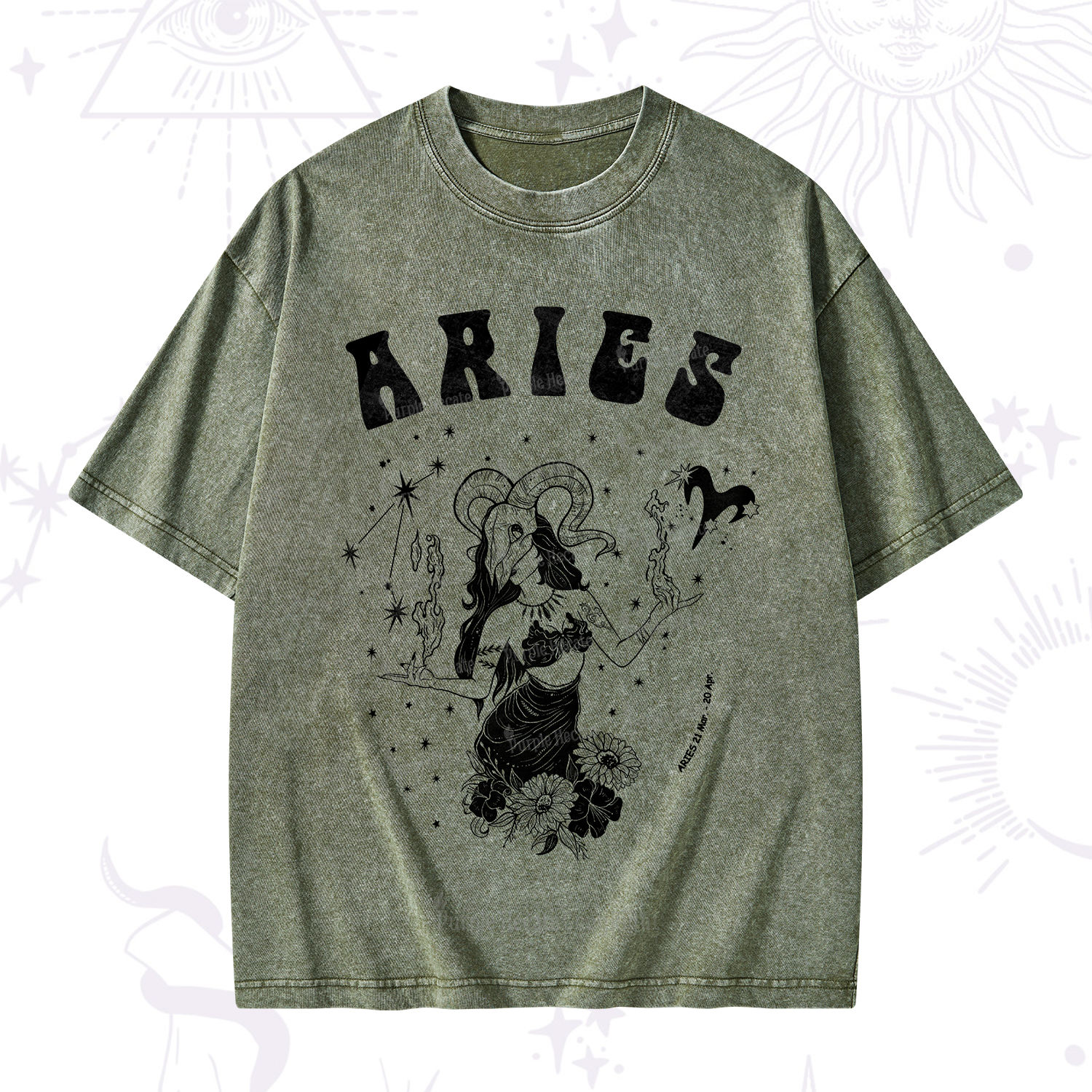 Purplehecate Aries Zodiac Glyphs Washed T-Shirt