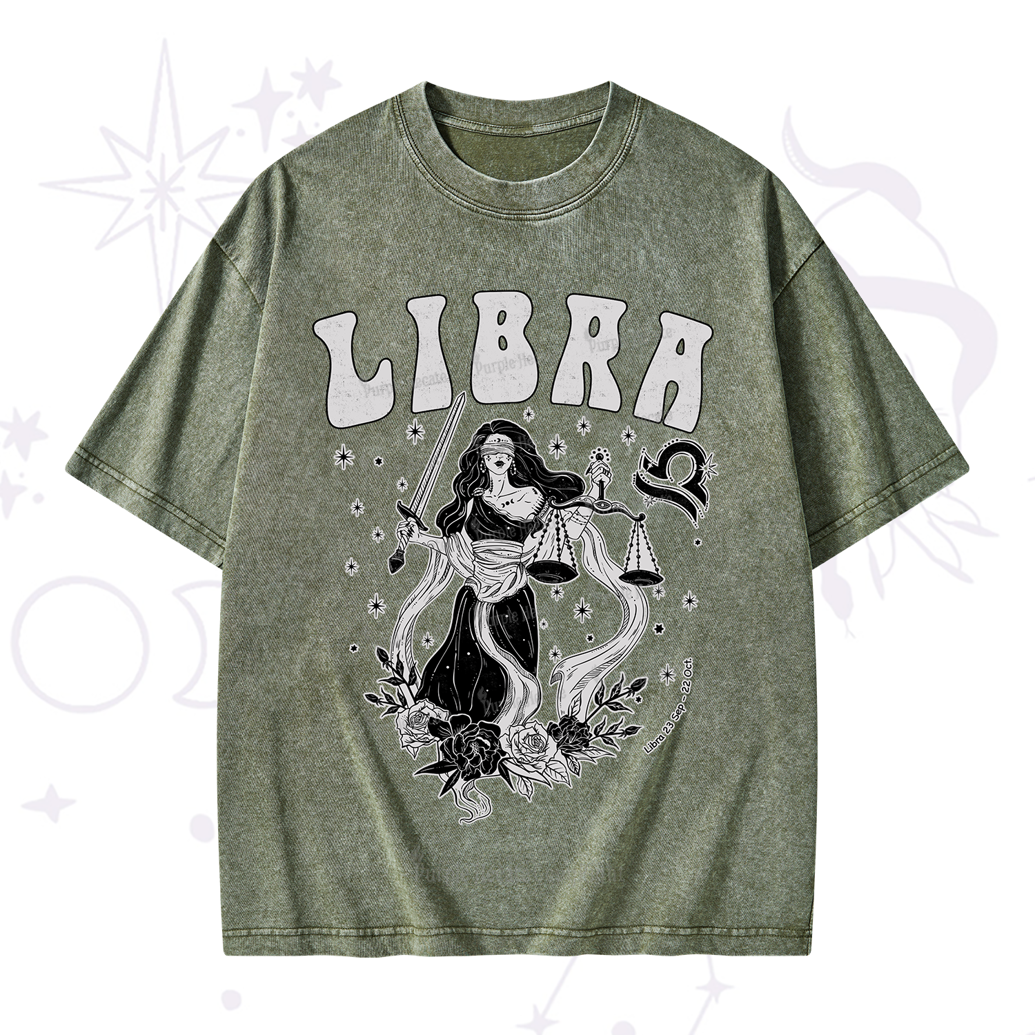 Purplehecate Libra Zodiac Glyphs Washed T-Shirt