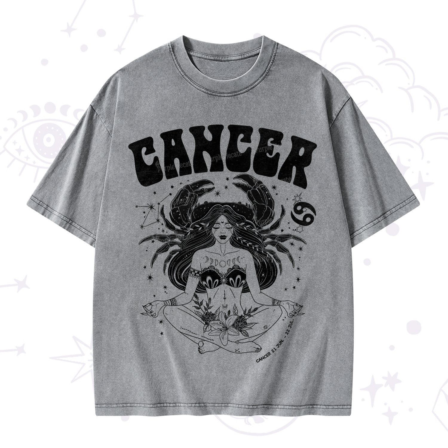 Purplehecate Cancer Zodiac Glyphs Washed T-Shirt