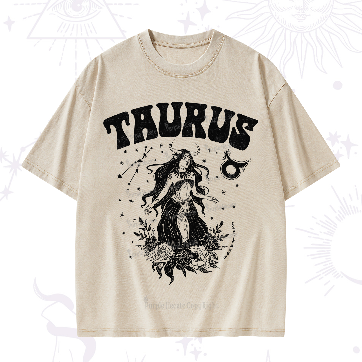 Purplehecate Taurus Zodiac Glyphs Washed T-Shirt