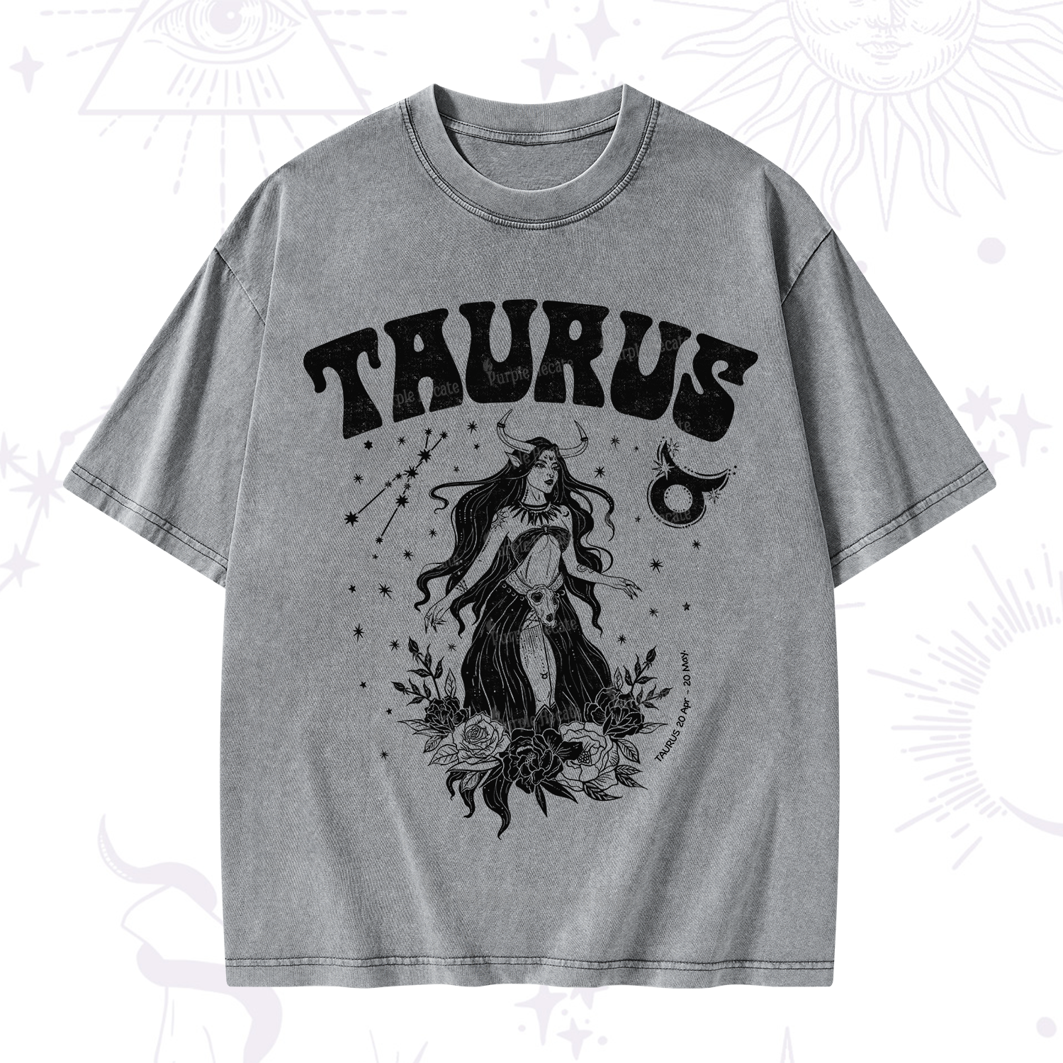 Purplehecate Taurus Zodiac Glyphs Washed T-Shirt