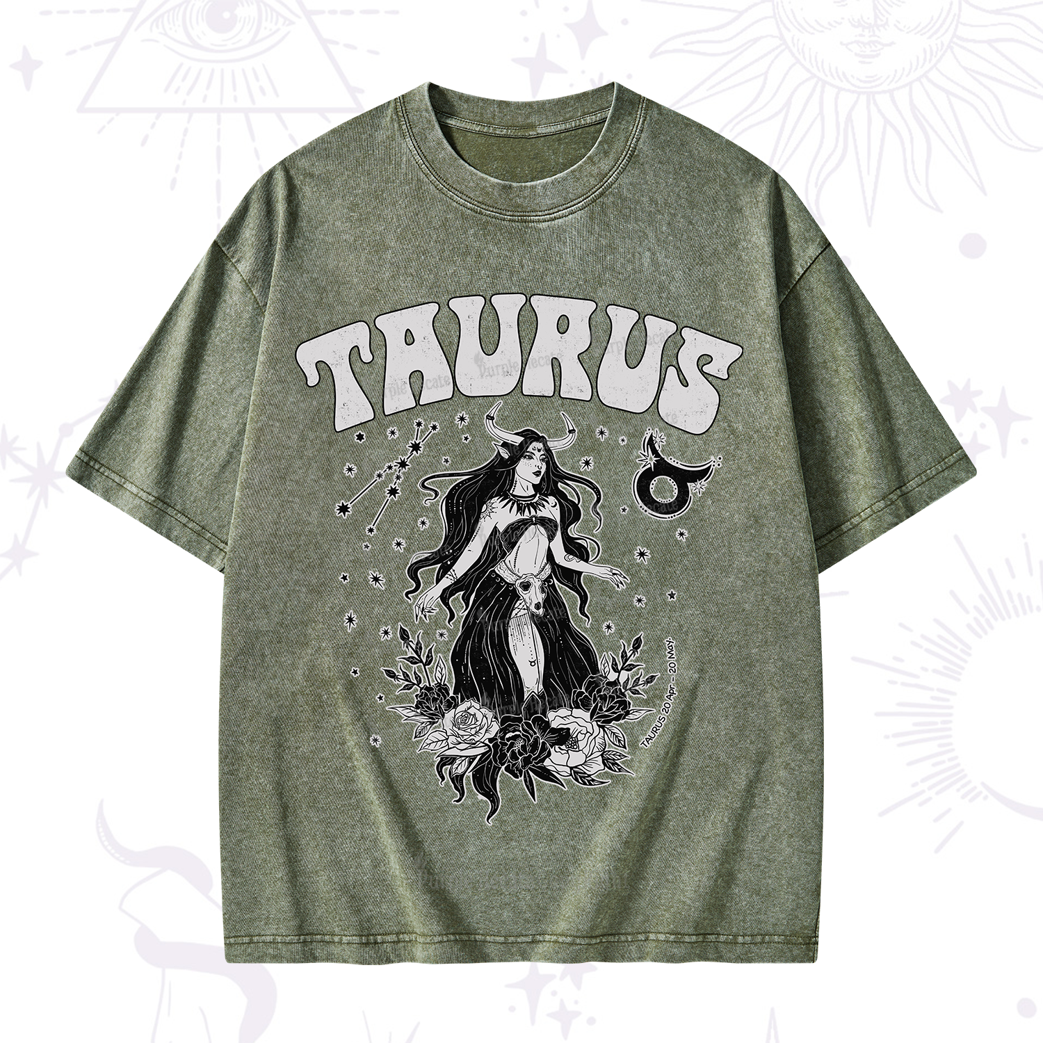 Purplehecate Taurus Zodiac Glyphs Washed T-Shirt