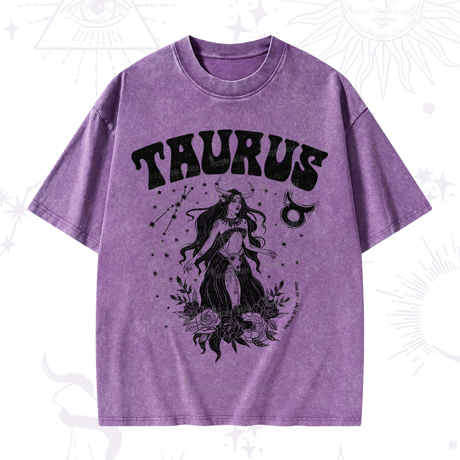 Purplehecate Taurus Zodiac Glyphs Washed T-Shirt