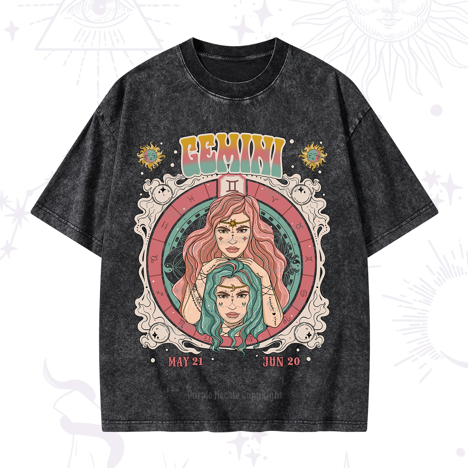 Purplehecate Gemini Cosmic Zodiac Washed T-Shirt