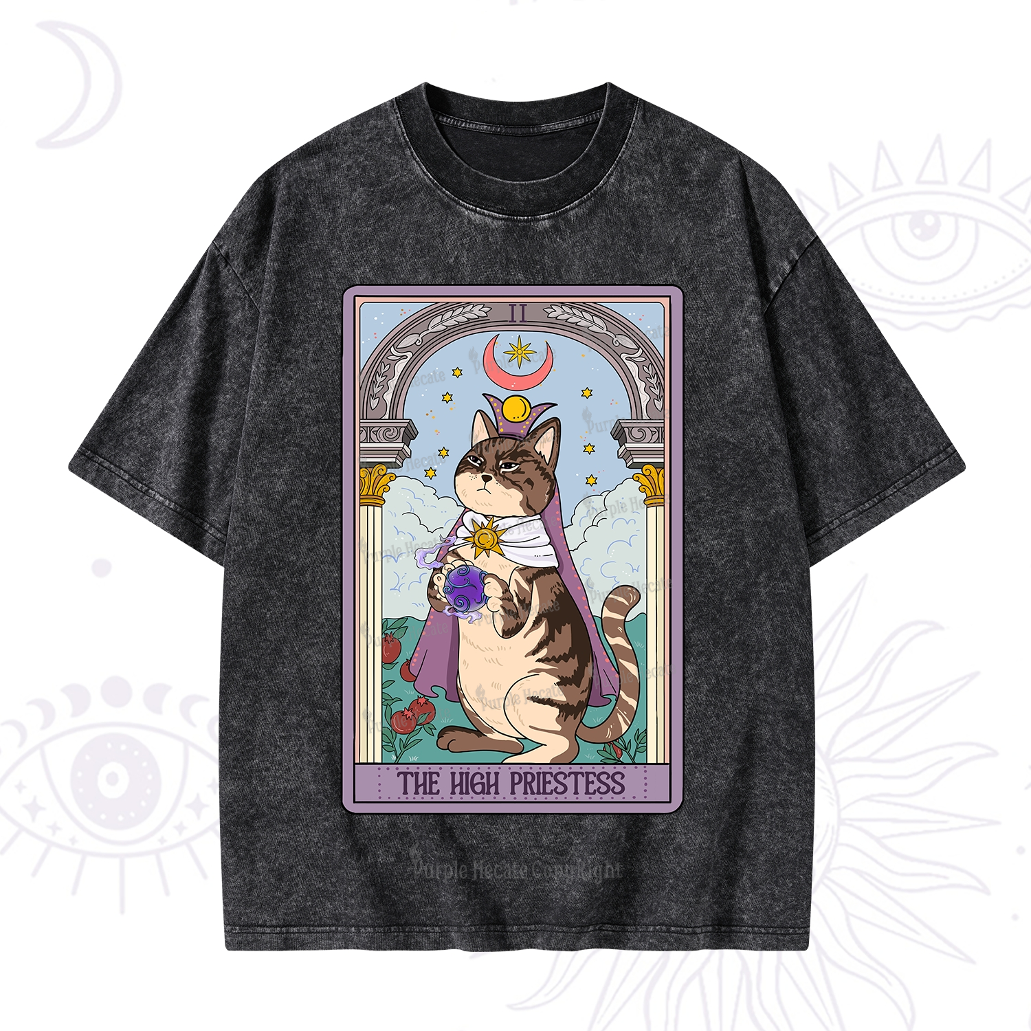 Purplehecate The High Priestess Cat Tarot Washed T-Shirt