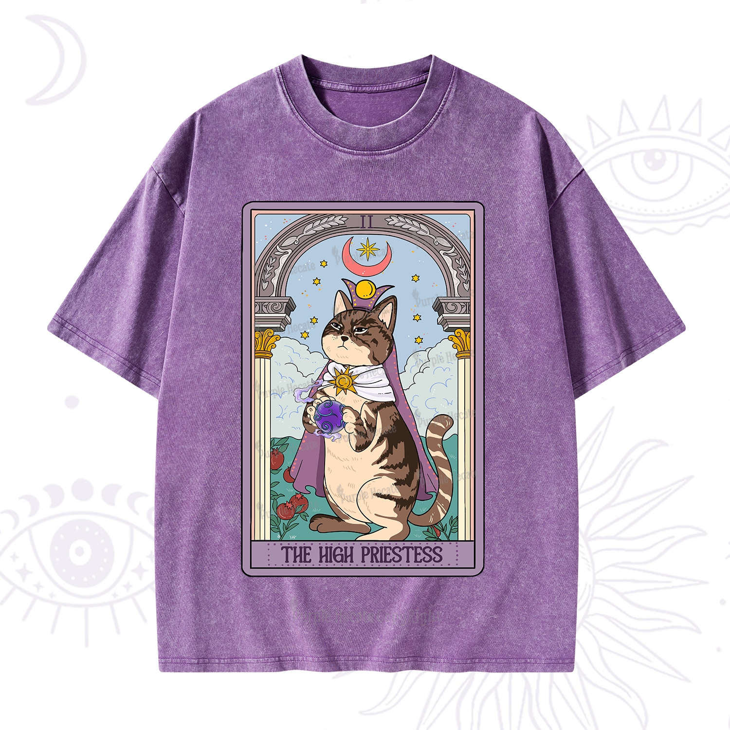 Purplehecate The High Priestess Cat Tarot Washed T-Shirt