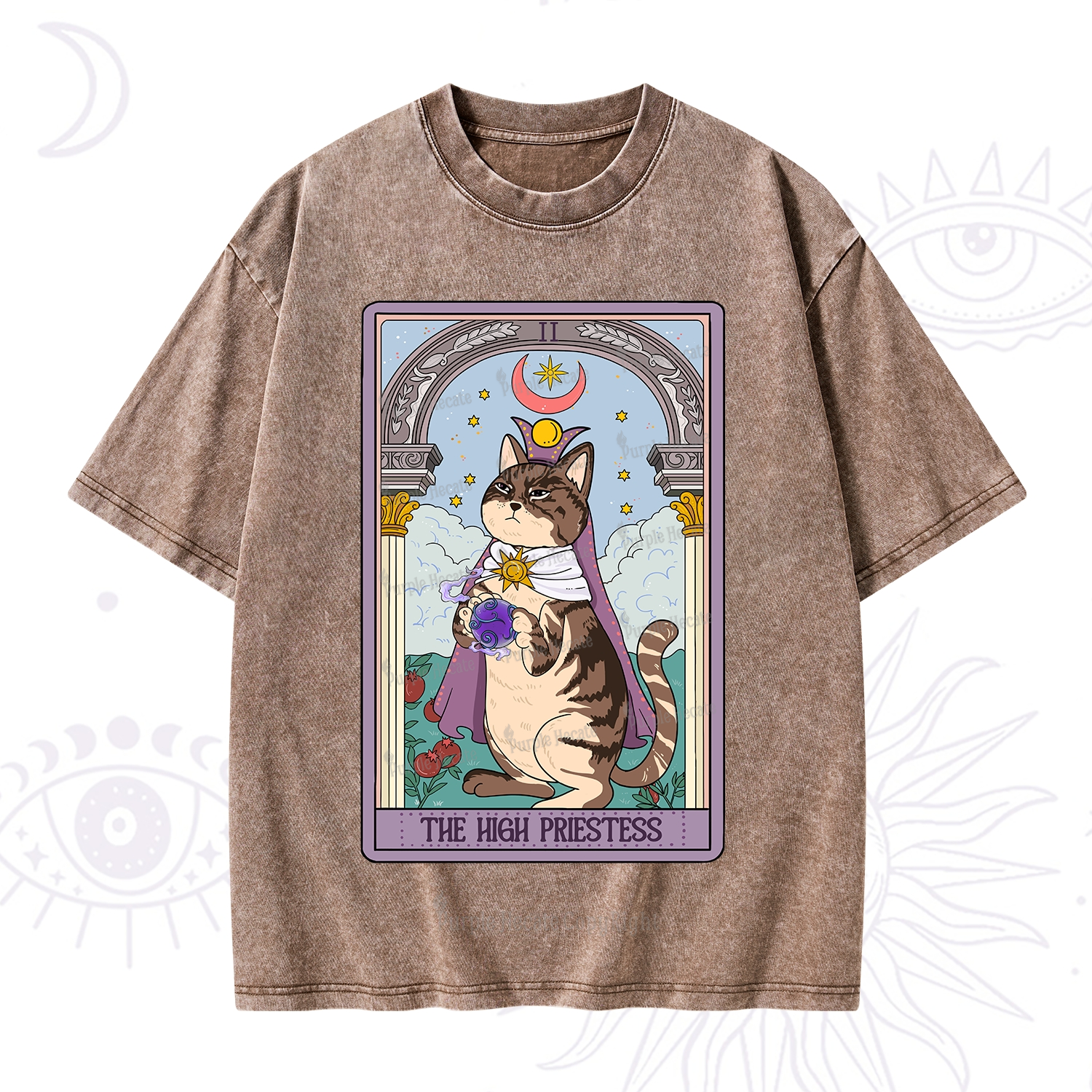 Purplehecate The High Priestess Cat Tarot Washed T-Shirt