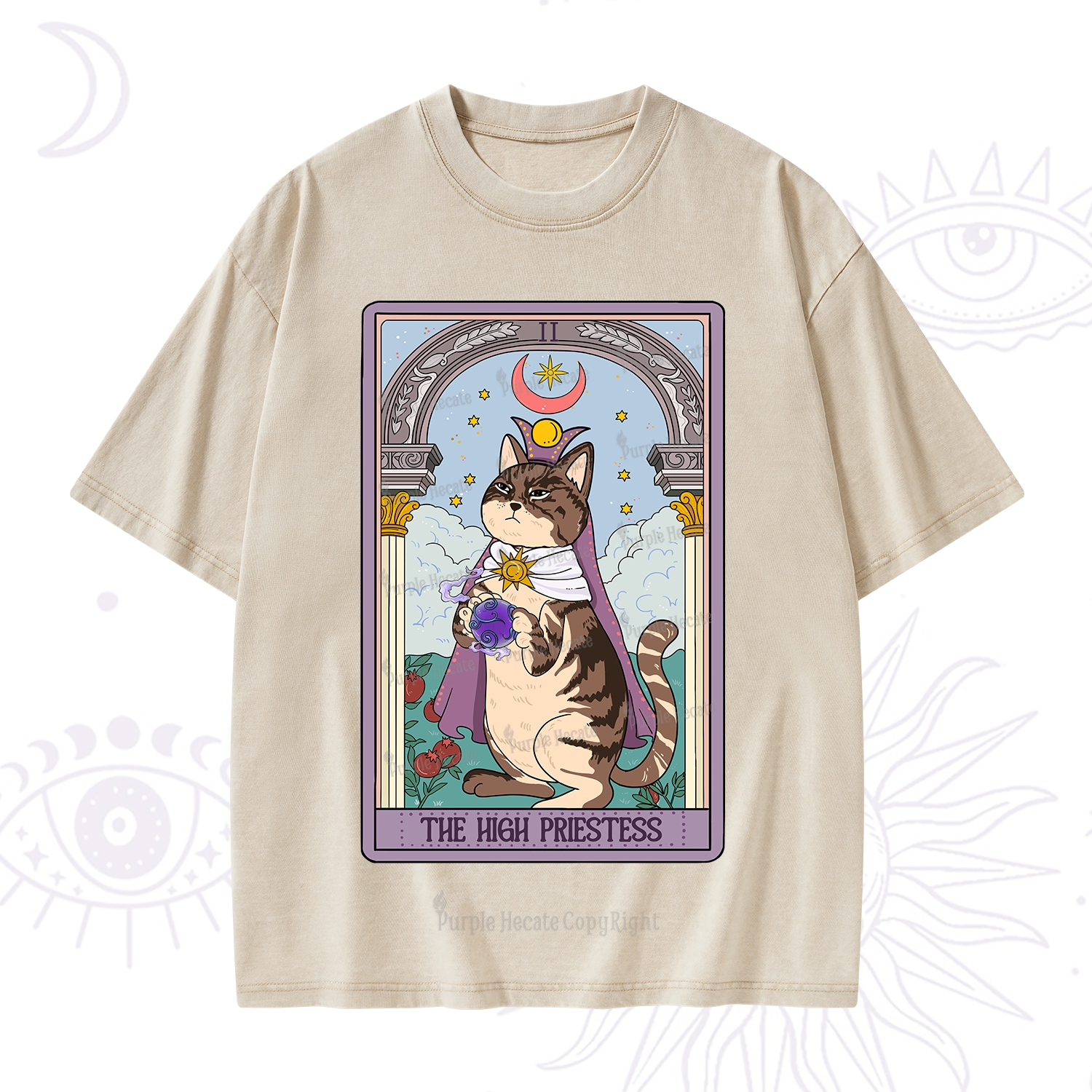 Purplehecate The High Priestess Cat Tarot Washed T-Shirt