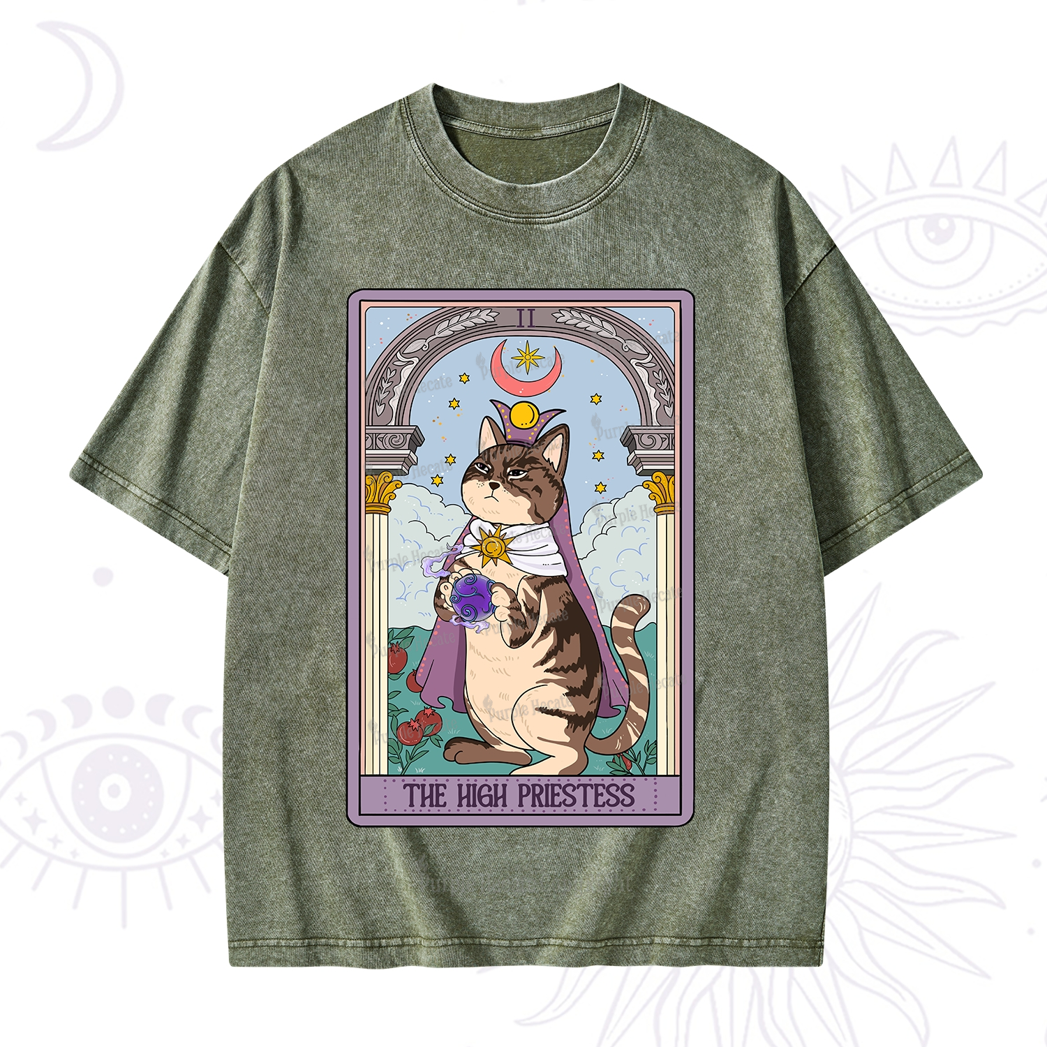 Purplehecate The High Priestess Cat Tarot Washed T-Shirt