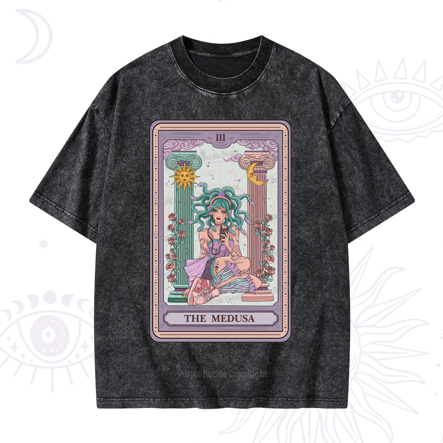Purplehecate The Fashionable Medusa Tarot Card Washed T-Shirt