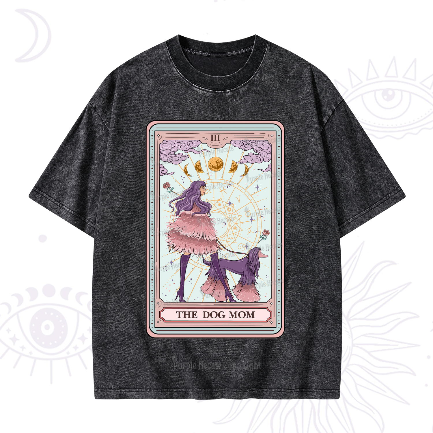 Purplehecate The Fashionable Dog Mom Tarot Card Washed T-Shirt