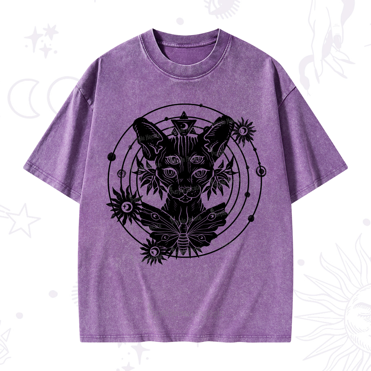 Purplehecate Mystic Sphynx Cat Lover Washed T-Shirt