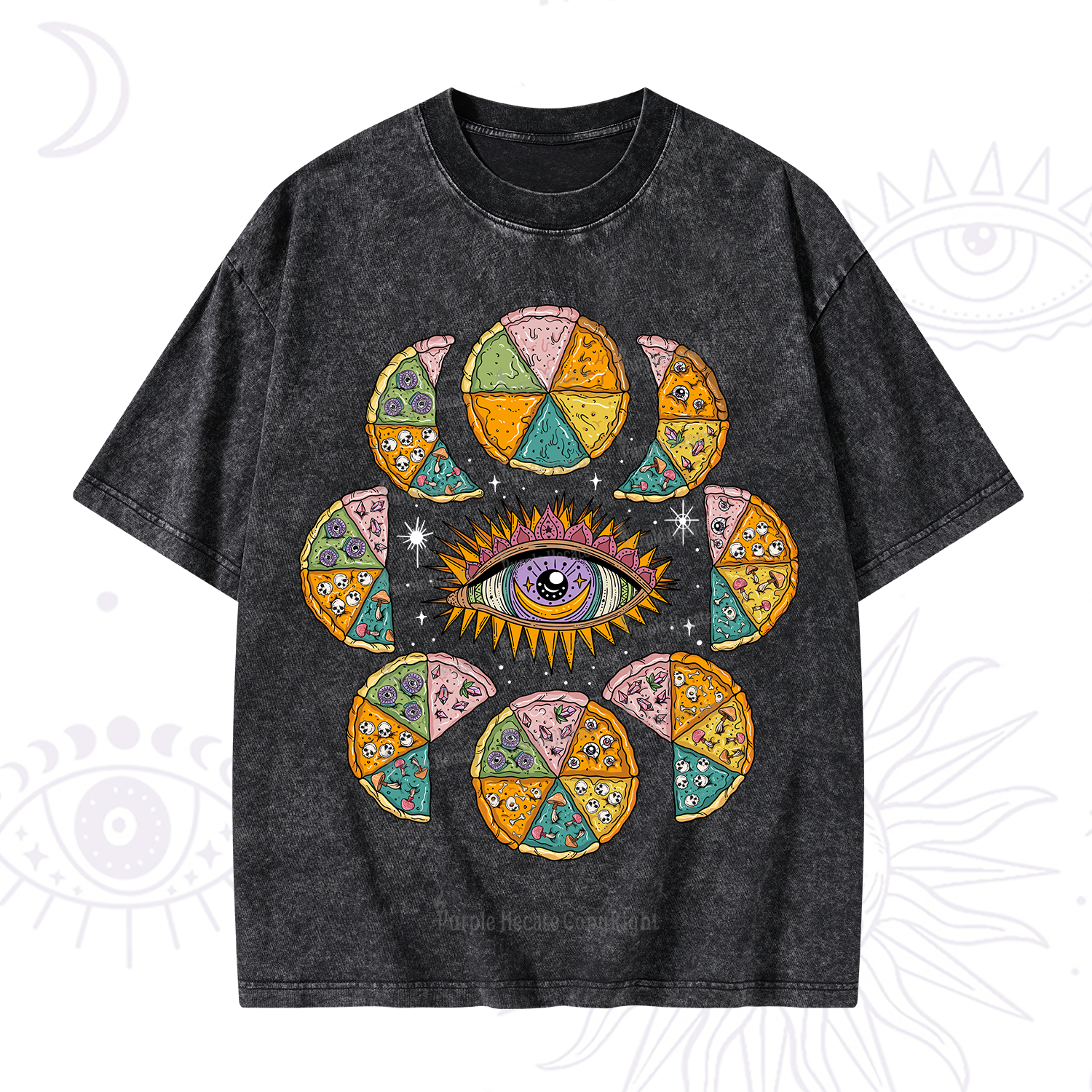 Purplehecate Moon Phase Pizza Washed T-Shirt